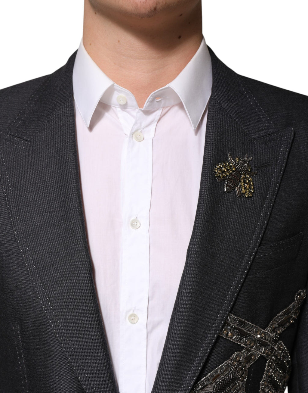 Dolce & Gabbana Dark Grey Wool Coat with Bee Embroidery Blazer