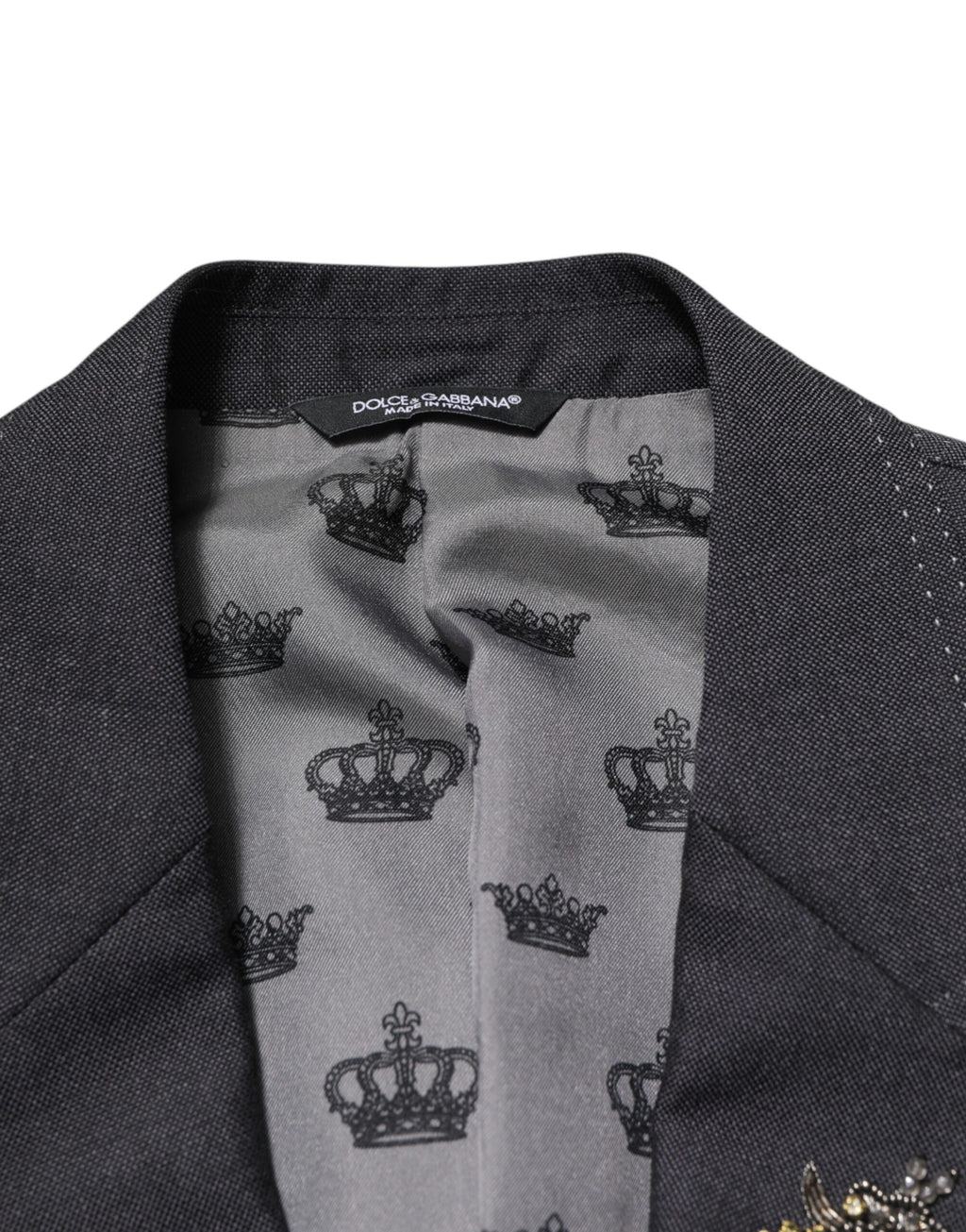 Dolce & Gabbana Dark Grey Wool Coat with Bee Embroidery Blazer