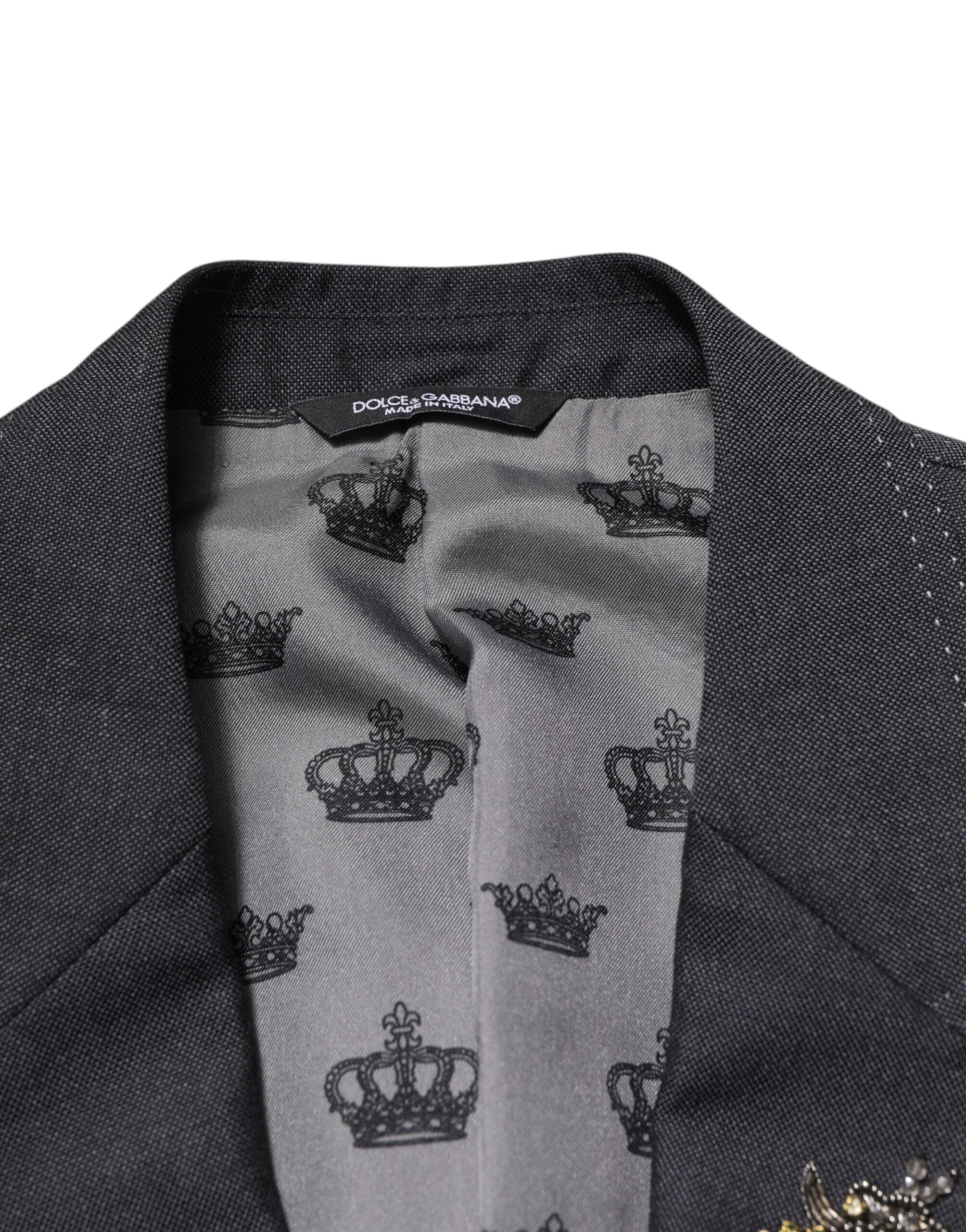 Dolce & Gabbana Dark Grey Wool Coat with Bee Embroidery Blazer