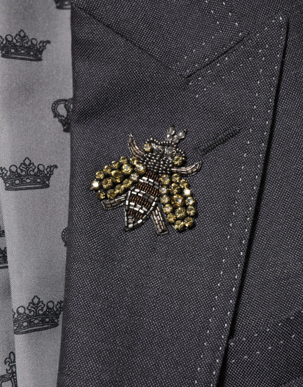 Dolce & Gabbana Dark Grey Wool Coat with Bee Embroidery Blazer
