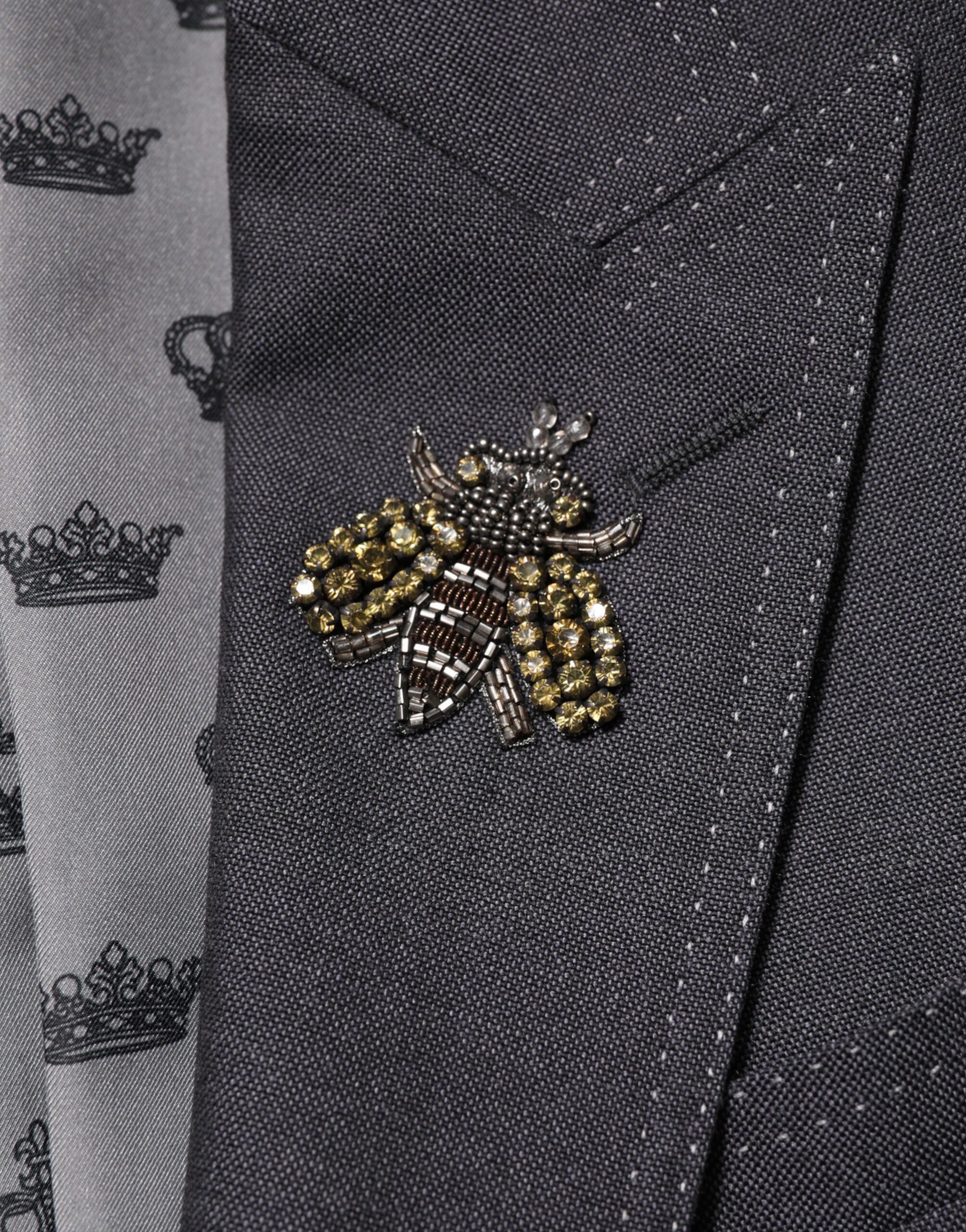 Dolce & Gabbana Dark Grey Wool Coat with Bee Embroidery Blazer