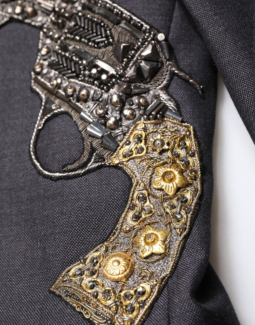 Dolce & Gabbana Dark Grey Wool Coat with Bee Embroidery Blazer
