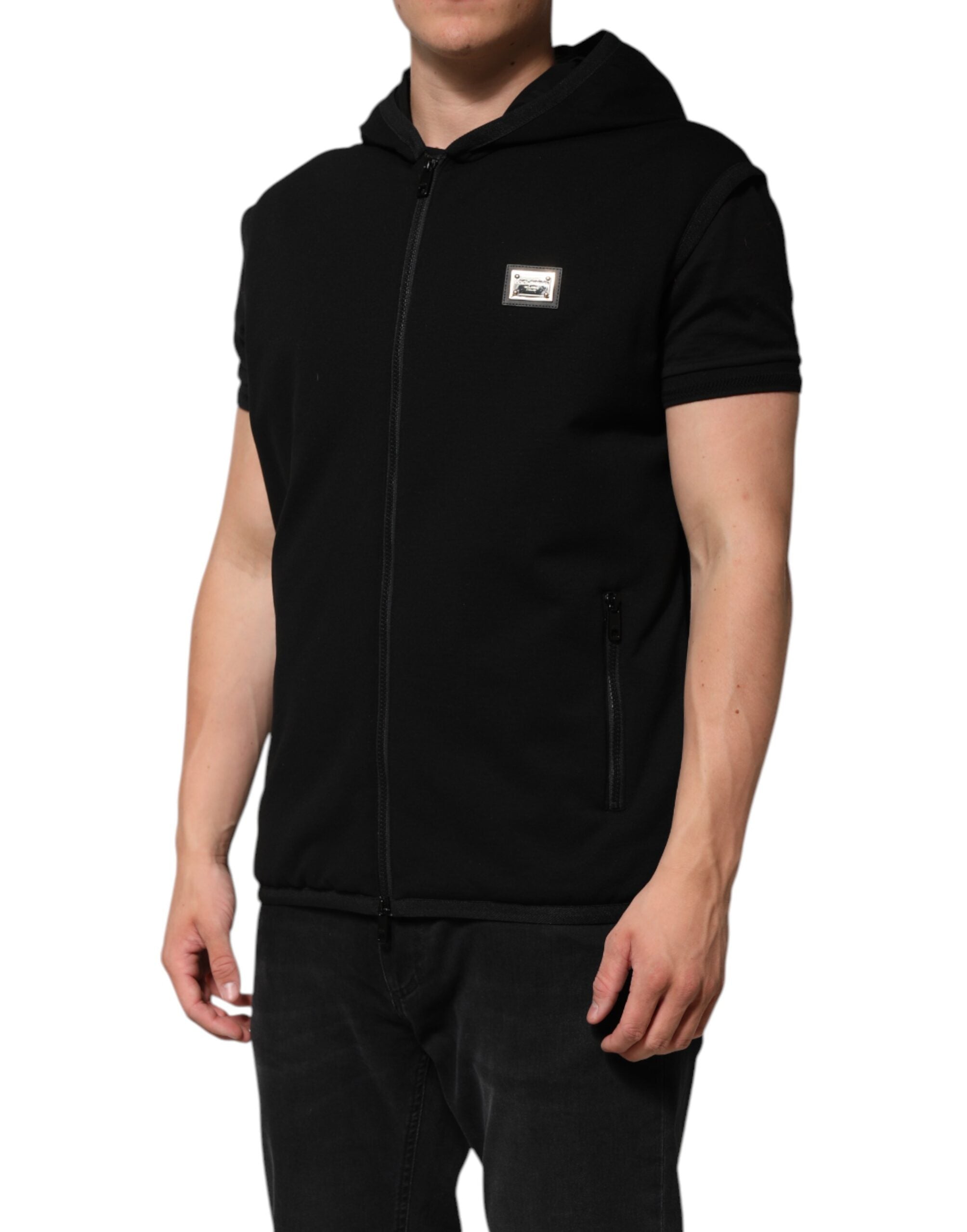Dolce & Gabbana Black Sleeveless Hoodie with Logo Plaque
