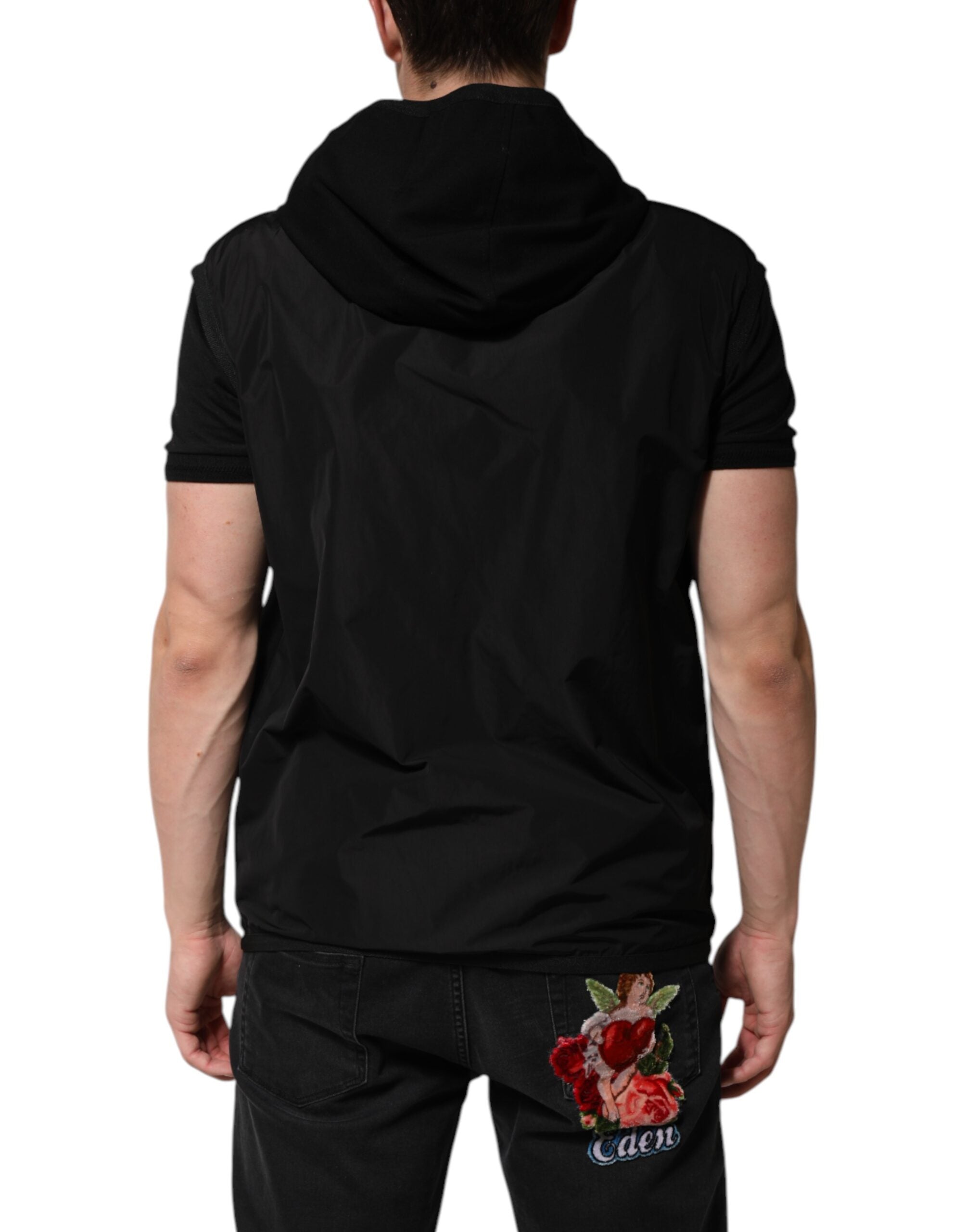 Dolce & Gabbana Black Sleeveless Hoodie with Logo Plaque