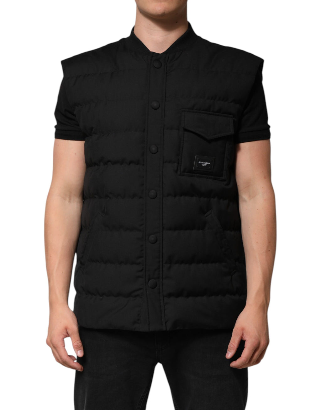Dolce & Gabbana Schwarzer ärmelloser Parka Jacke mit Logoplakette