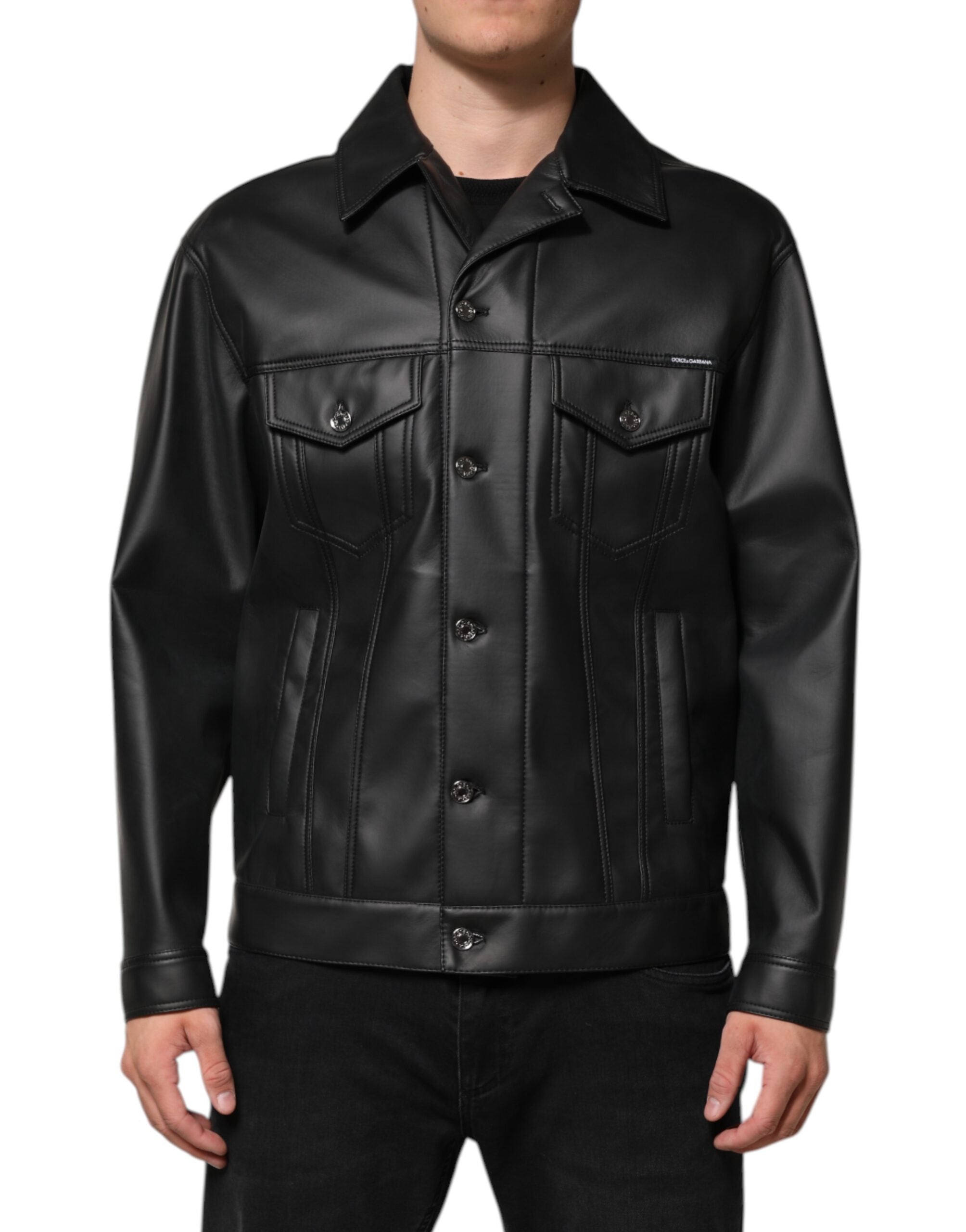 Dolce & Gabbana Black Polyester Biker Jacket with Button Closure