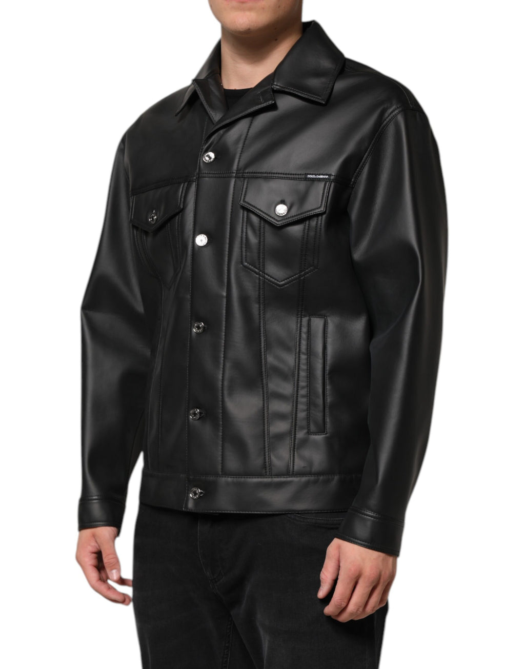 Dolce & Gabbana Black Polyester Biker Jacket with Button Closure