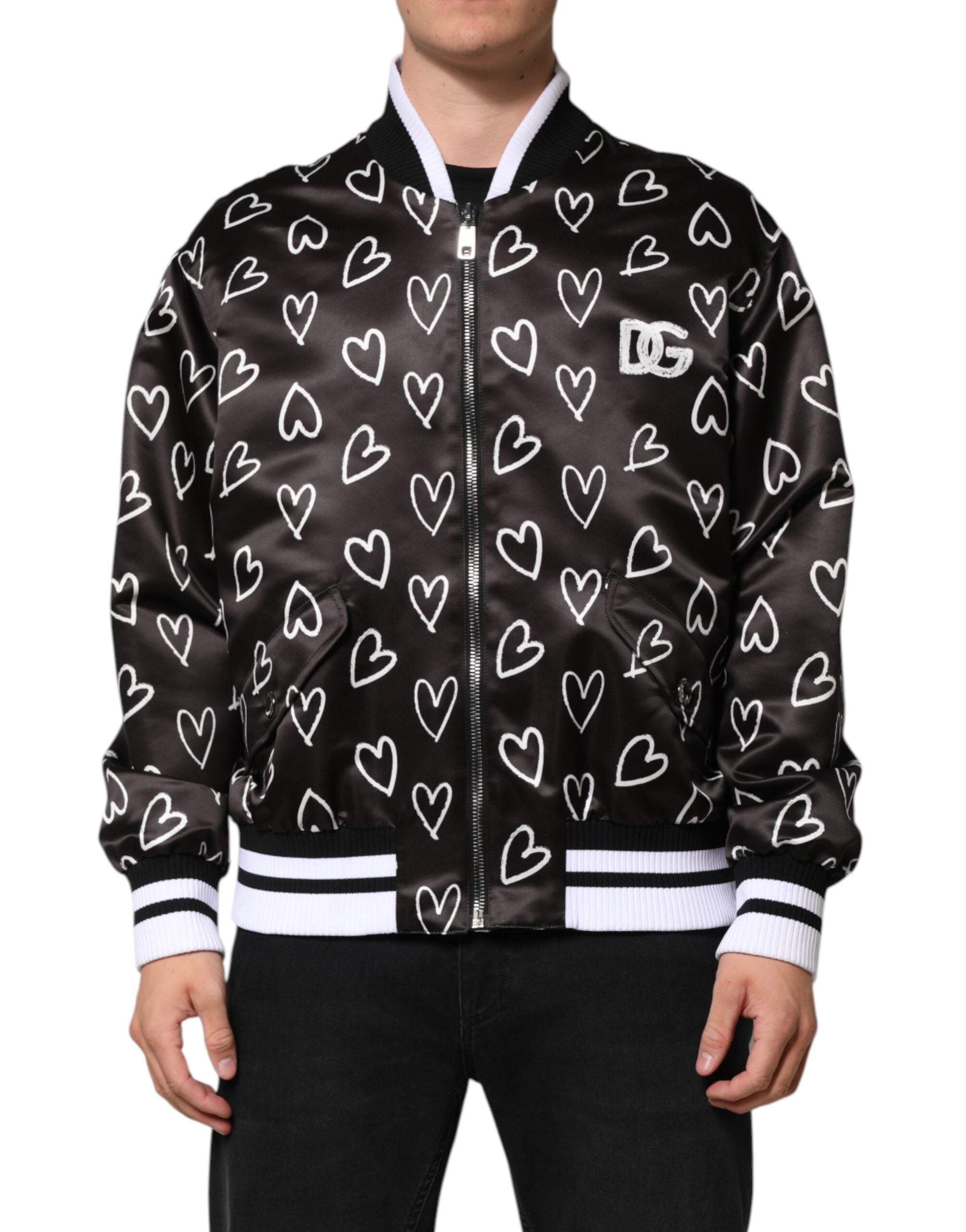 Dolce & Gabbana Schwarze Polyester-Bomberjacke mit Herz-Print