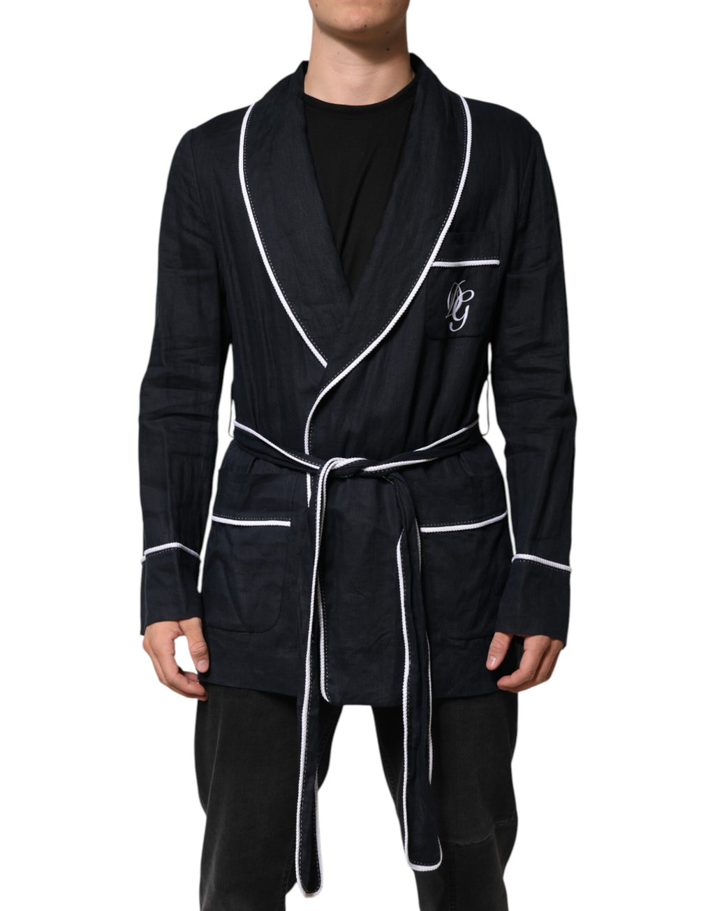 Dolce & Gabbana Dark Blue DG Embroidered Jacket Robe Blazer