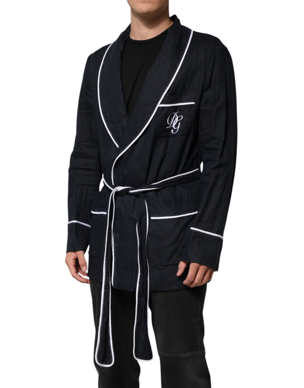 Dolce & Gabbana Dark Blue DG Embroidered Jacket Robe Blazer