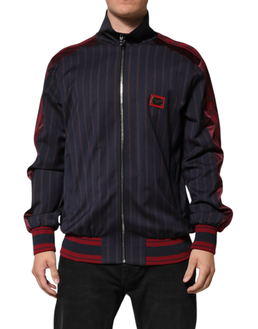 Dolce & Gabbana Blau-rot gestreifte Logo-Plakette Full Zip Jacke