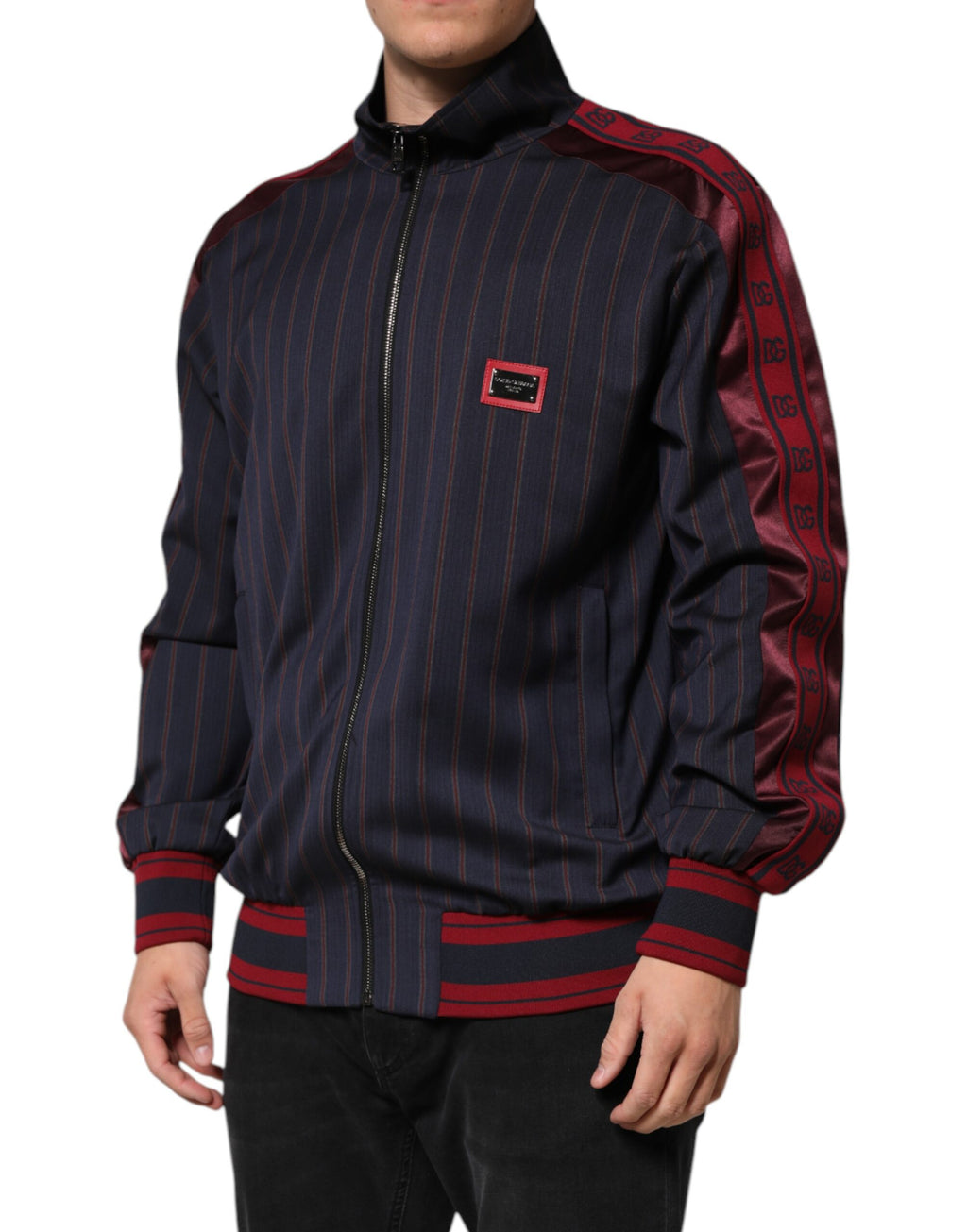 Dolce & Gabbana Blau-rot gestreifte Logo-Plakette Full Zip Jacke