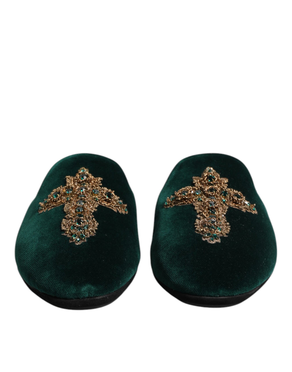 Dolce & Gabbana Grüner Samt Kreuz verschönert Pantoffeln Schuhe