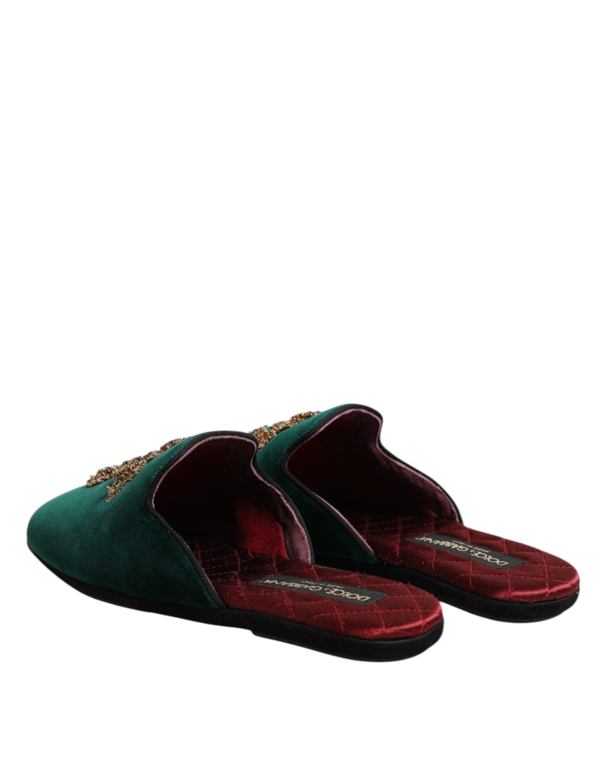 Dolce & Gabbana Grüner Samt Kreuz verschönert Pantoffeln Schuhe