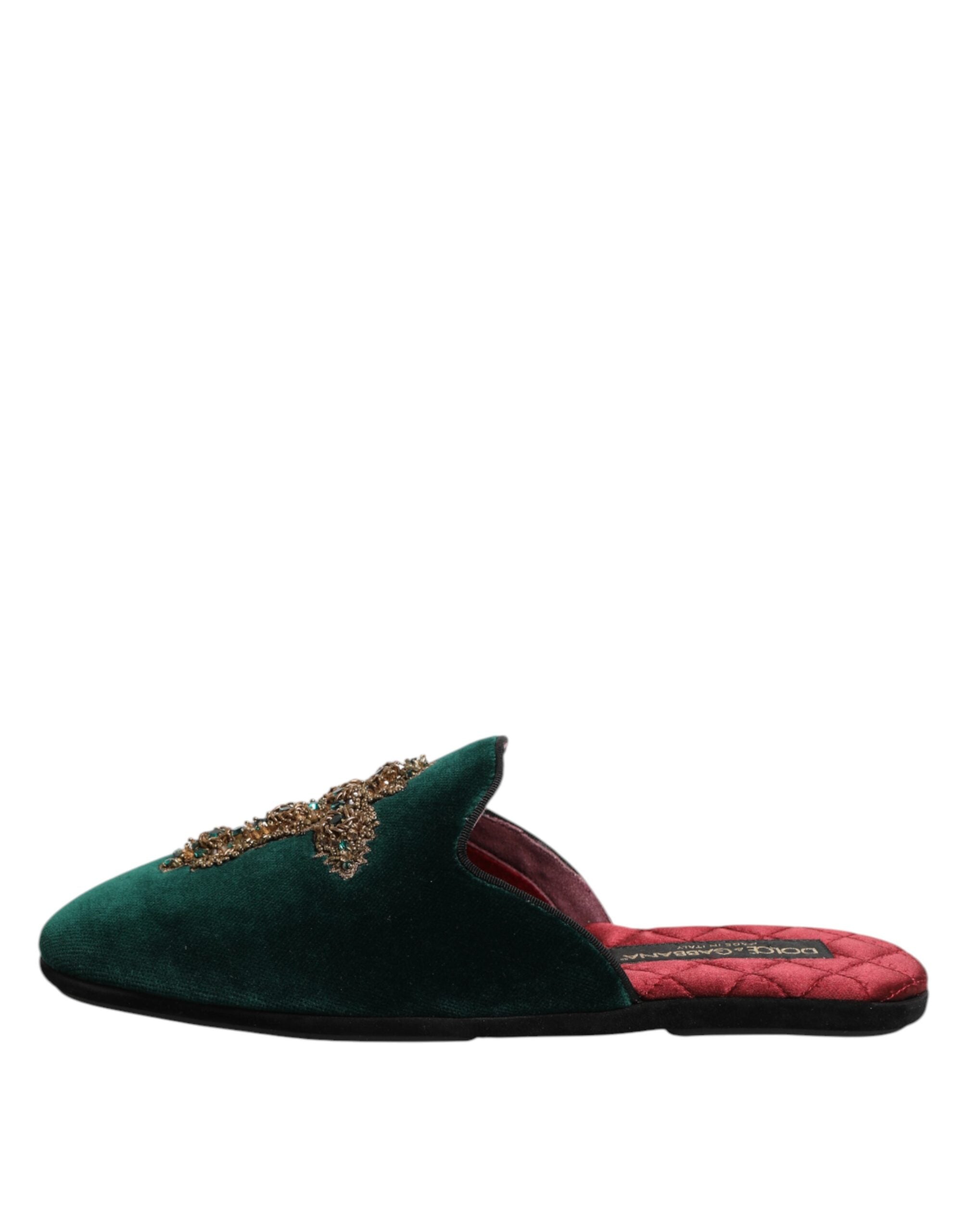 Dolce & Gabbana Grüner Samt Kreuz verschönert Pantoffeln Schuhe