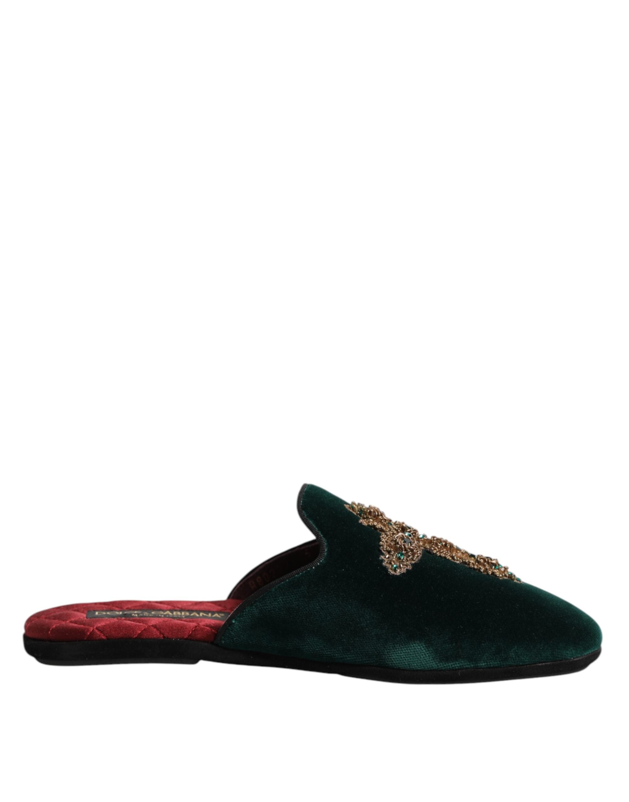Dolce & Gabbana Grüner Samt Kreuz verschönert Pantoffeln Schuhe