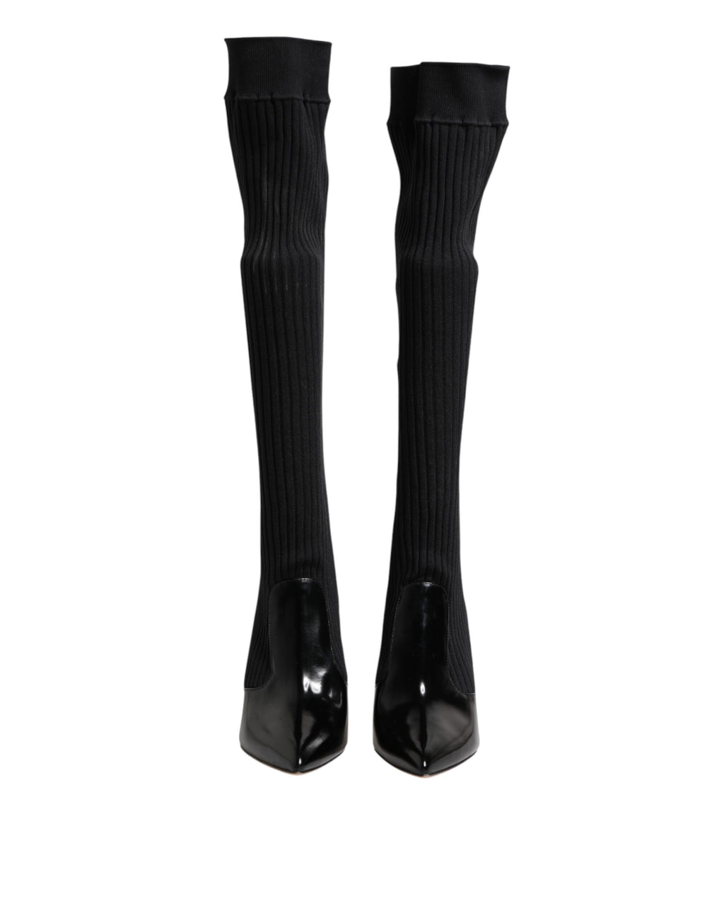 Dolce & Gabbana Black Leather Rib-Knit Knee-High Boots Shoes