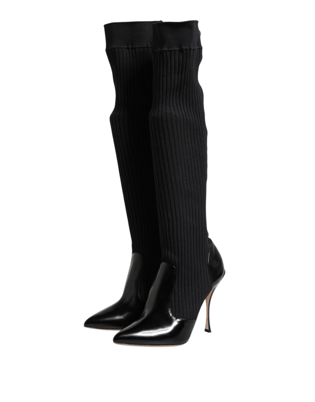Dolce & Gabbana Black Leather Rib-Knit Knee-High Boots Shoes