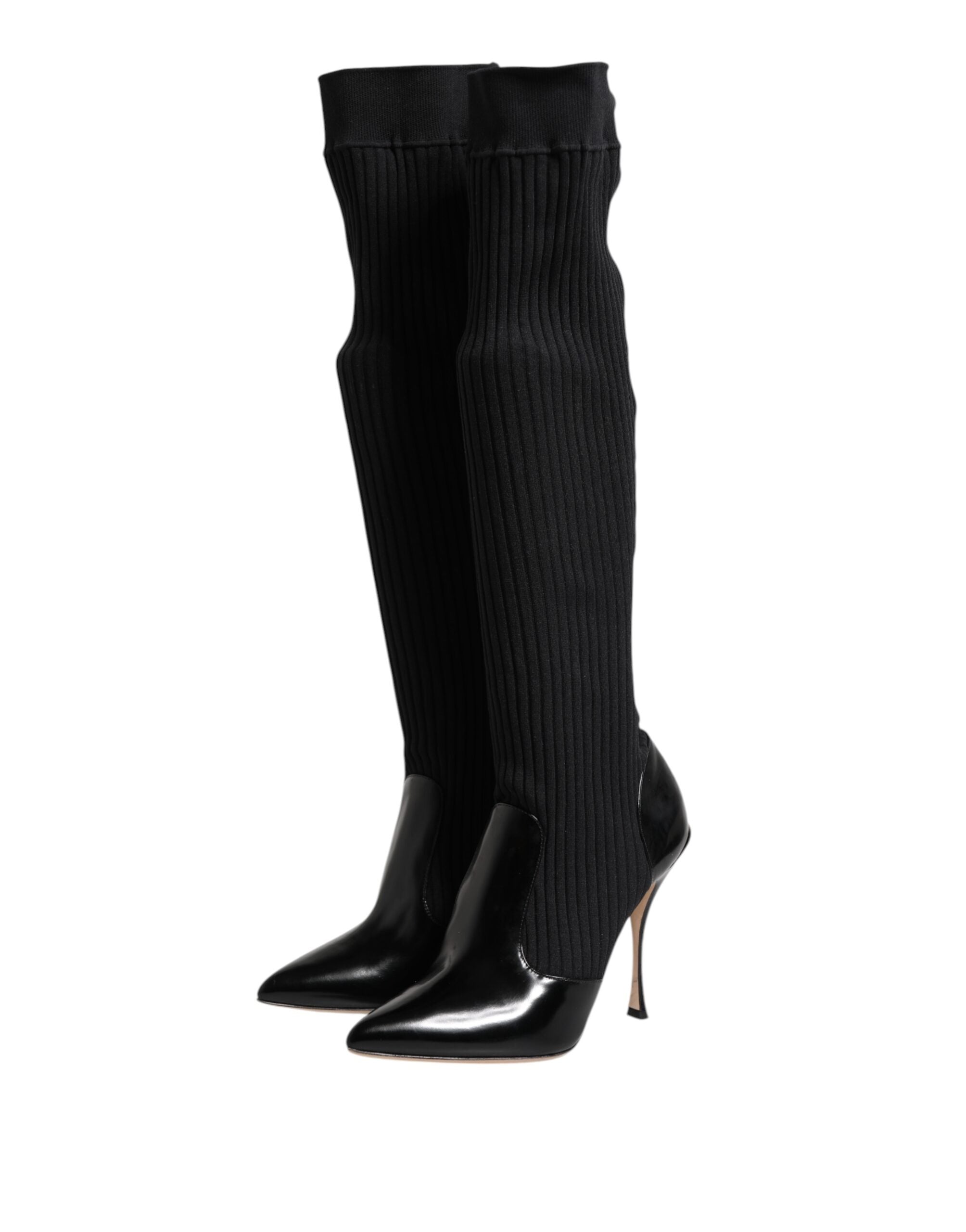 Dolce & Gabbana Black Leather Rib-Knit Knee-High Boots Shoes