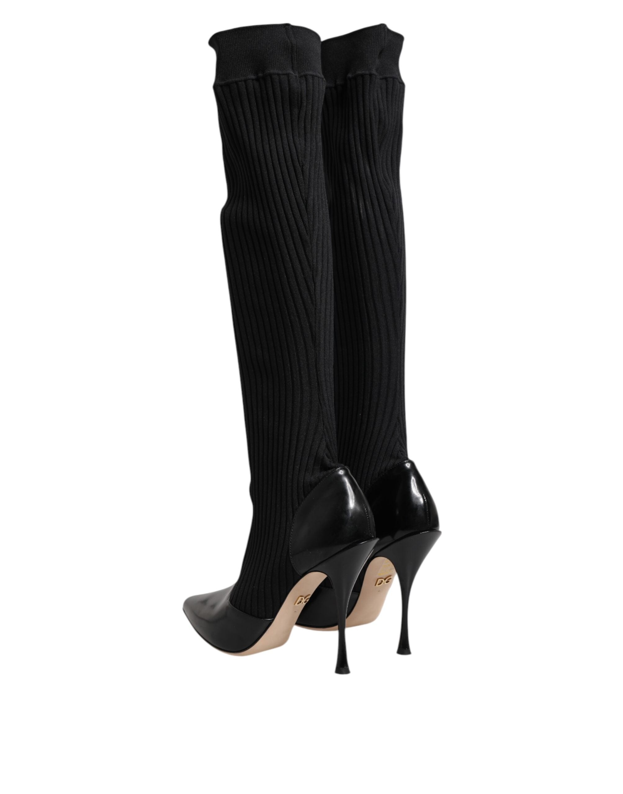 Dolce & Gabbana Black Leather Rib-Knit Knee-High Boots Shoes
