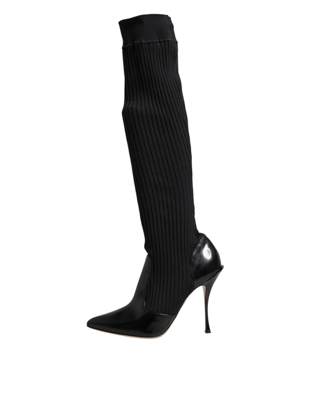 Dolce & Gabbana Black Leather Rib-Knit Knee-High Boots Shoes