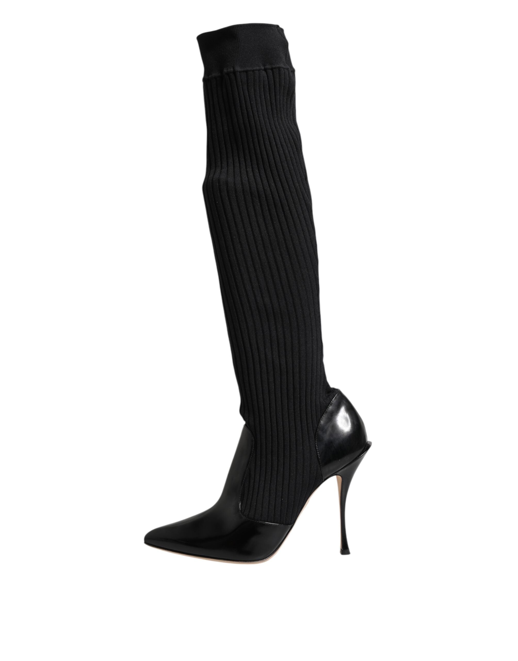 Dolce & Gabbana Black Leather Rib-Knit Knee-High Boots Shoes