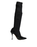 Dolce & Gabbana Black Leather Rib-Knit Knee-High Boots Shoes