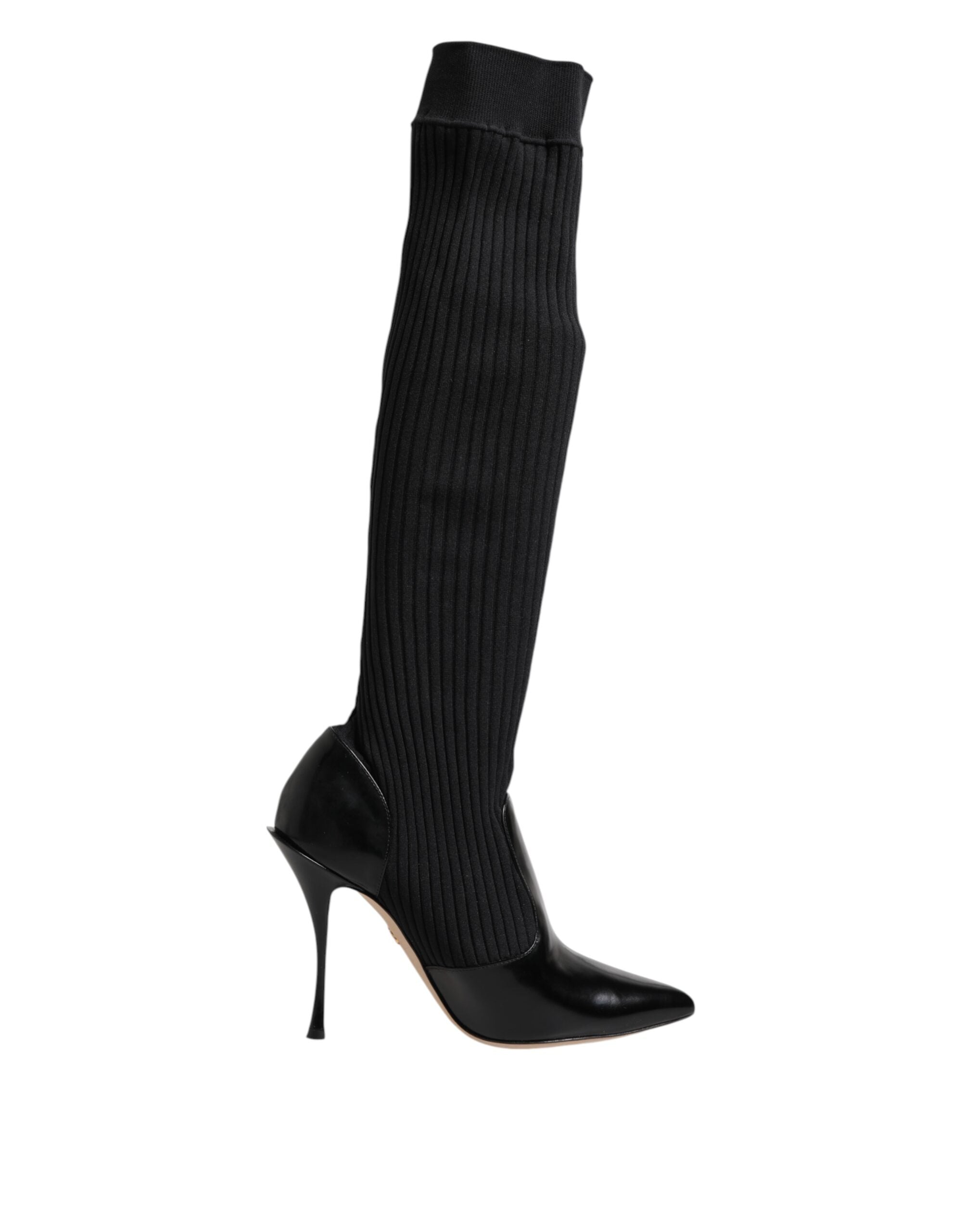 Dolce & Gabbana Black Leather Rib-Knit Knee-High Boots Shoes