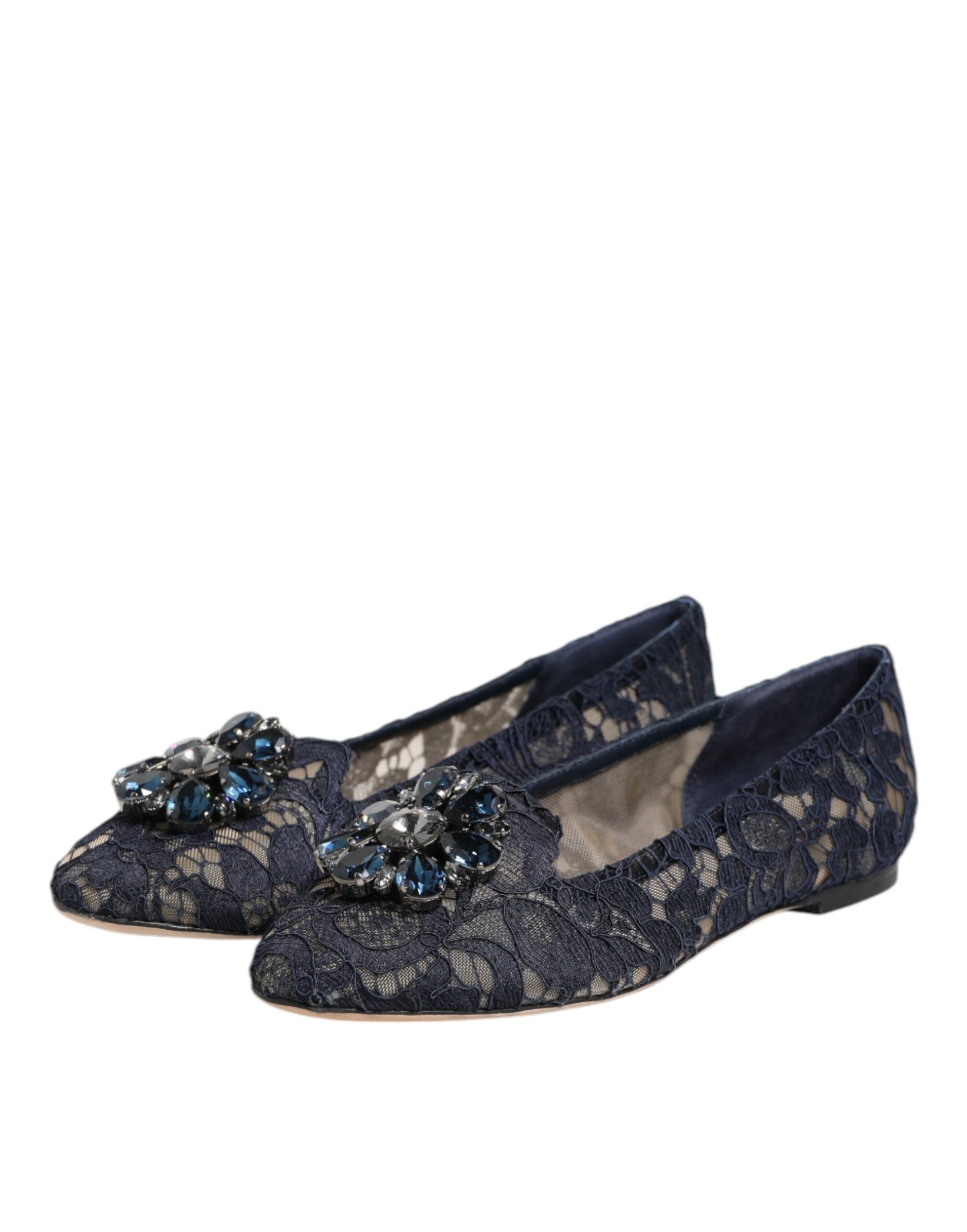 Dolce & Gabbana Blue Taormina Lace Crystal Flats Shoes