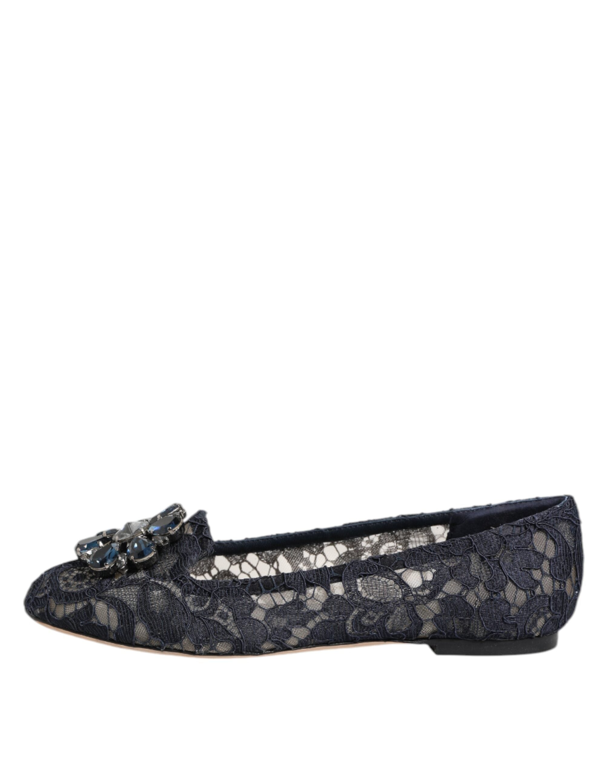 Dolce & Gabbana Blue Taormina Lace Crystal Flats Shoes