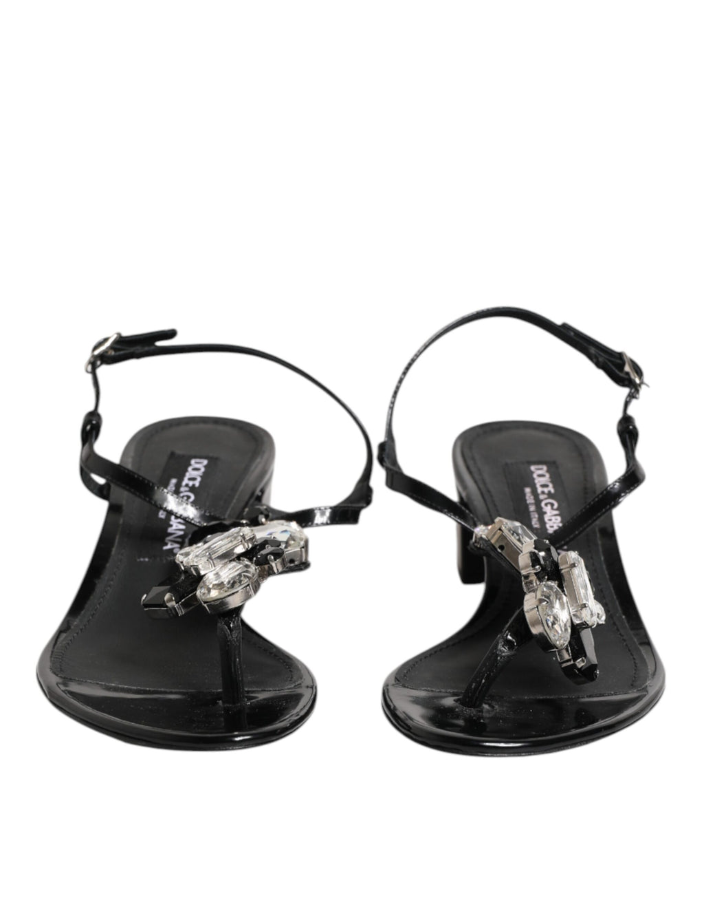 Dolce & Gabbana Schwarze Leder-Kristall-Knöchelriemen-Sandalen Schuhe