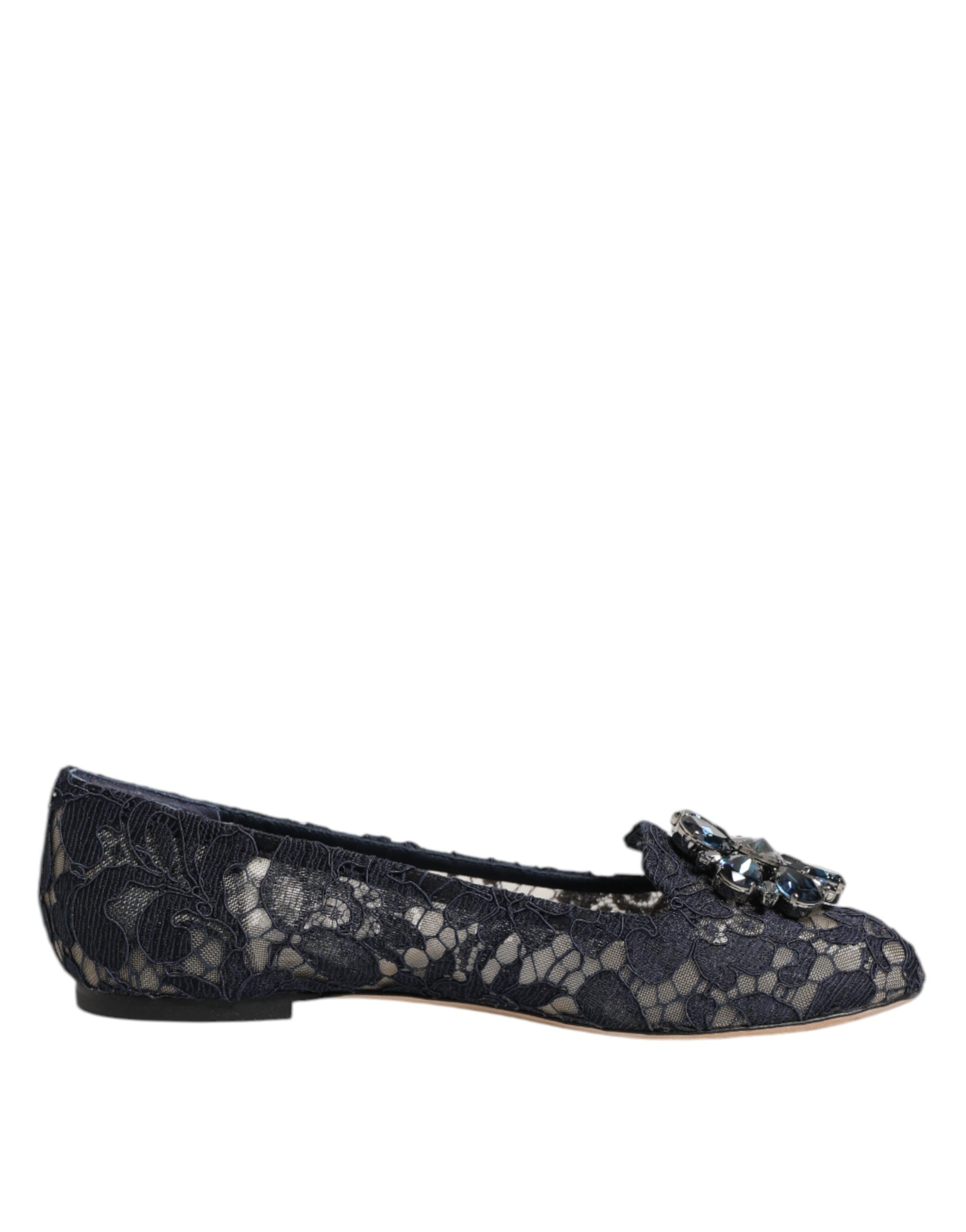Dolce & Gabbana Blue Taormina Lace Crystal Flats Shoes