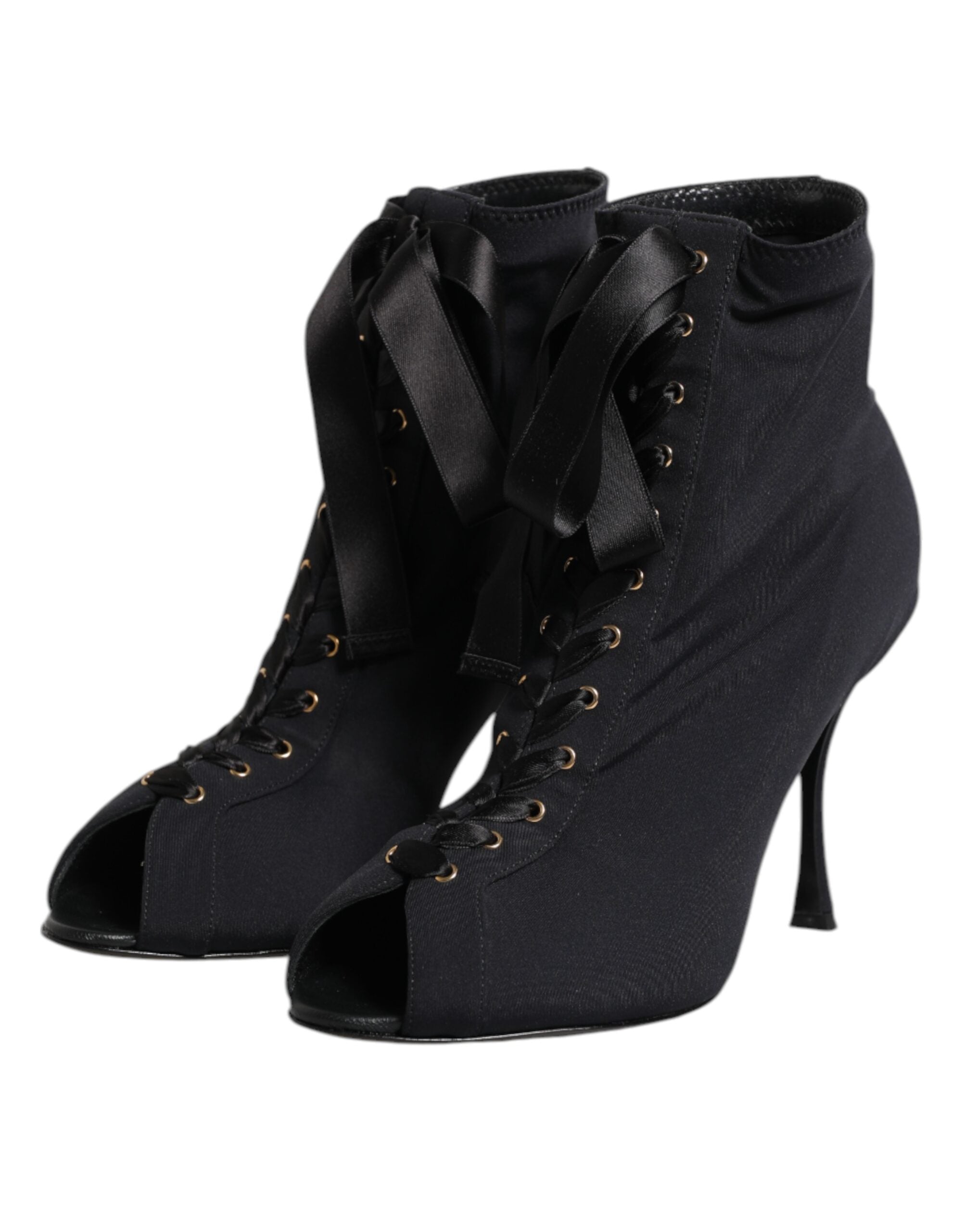 Dolce & Gabbana Black Stiletto Heel Lace Up Boots Shoes