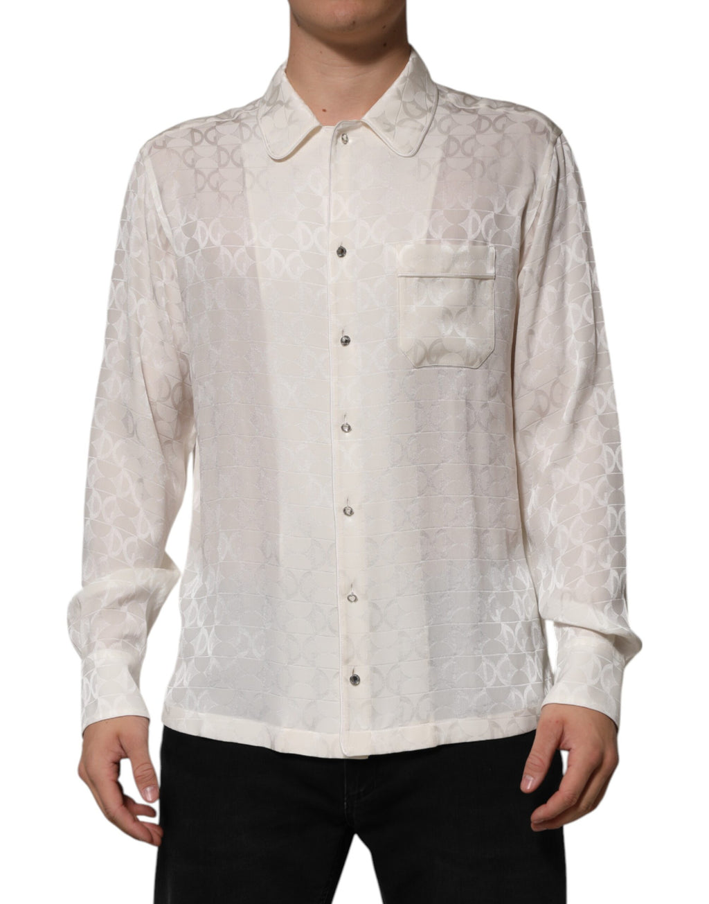 Dolce & Gabbana White Silk Shirt with DG Logo Print and Long Sleeves