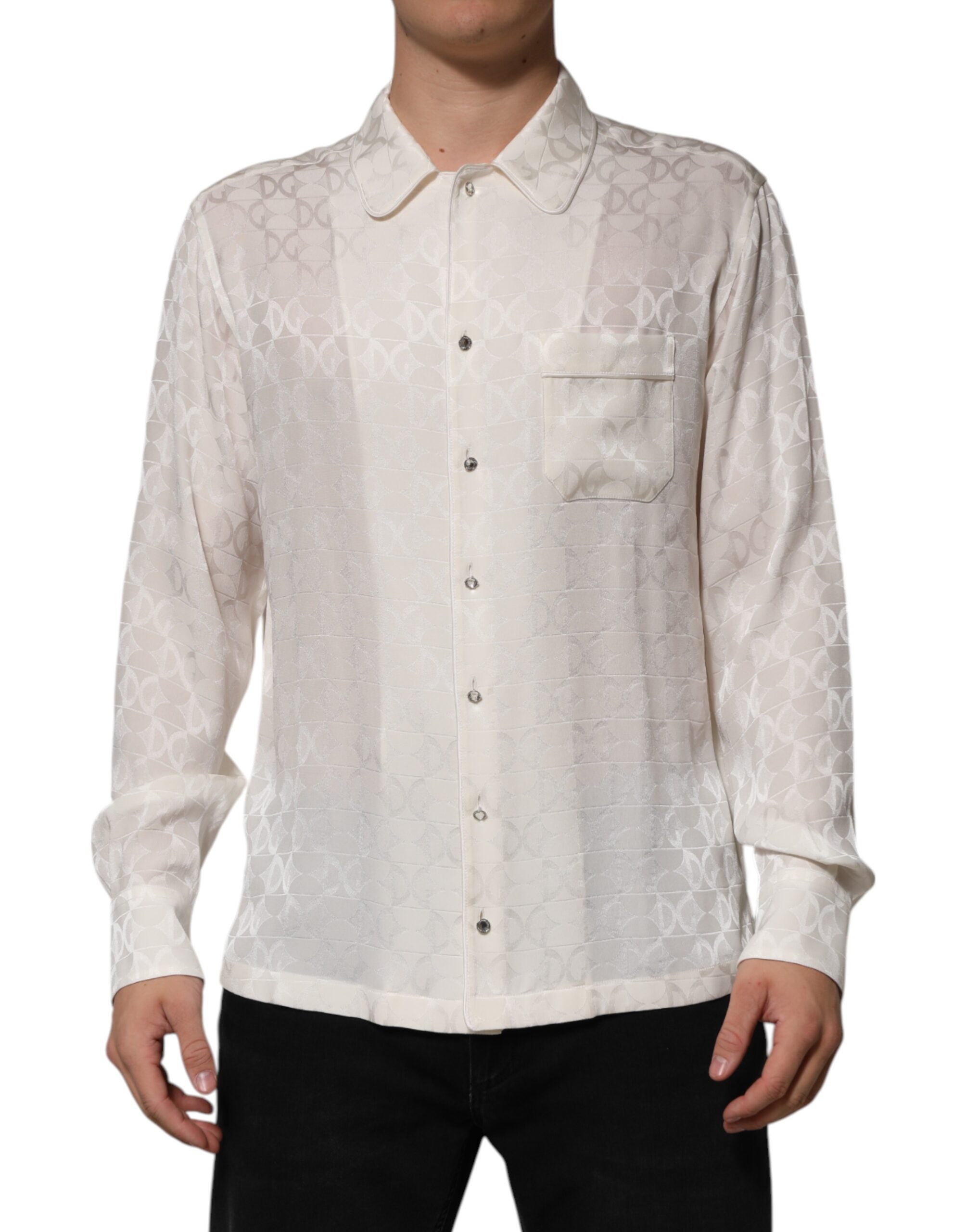 Dolce & Gabbana White Silk Shirt with DG Logo Print and Long Sleeves