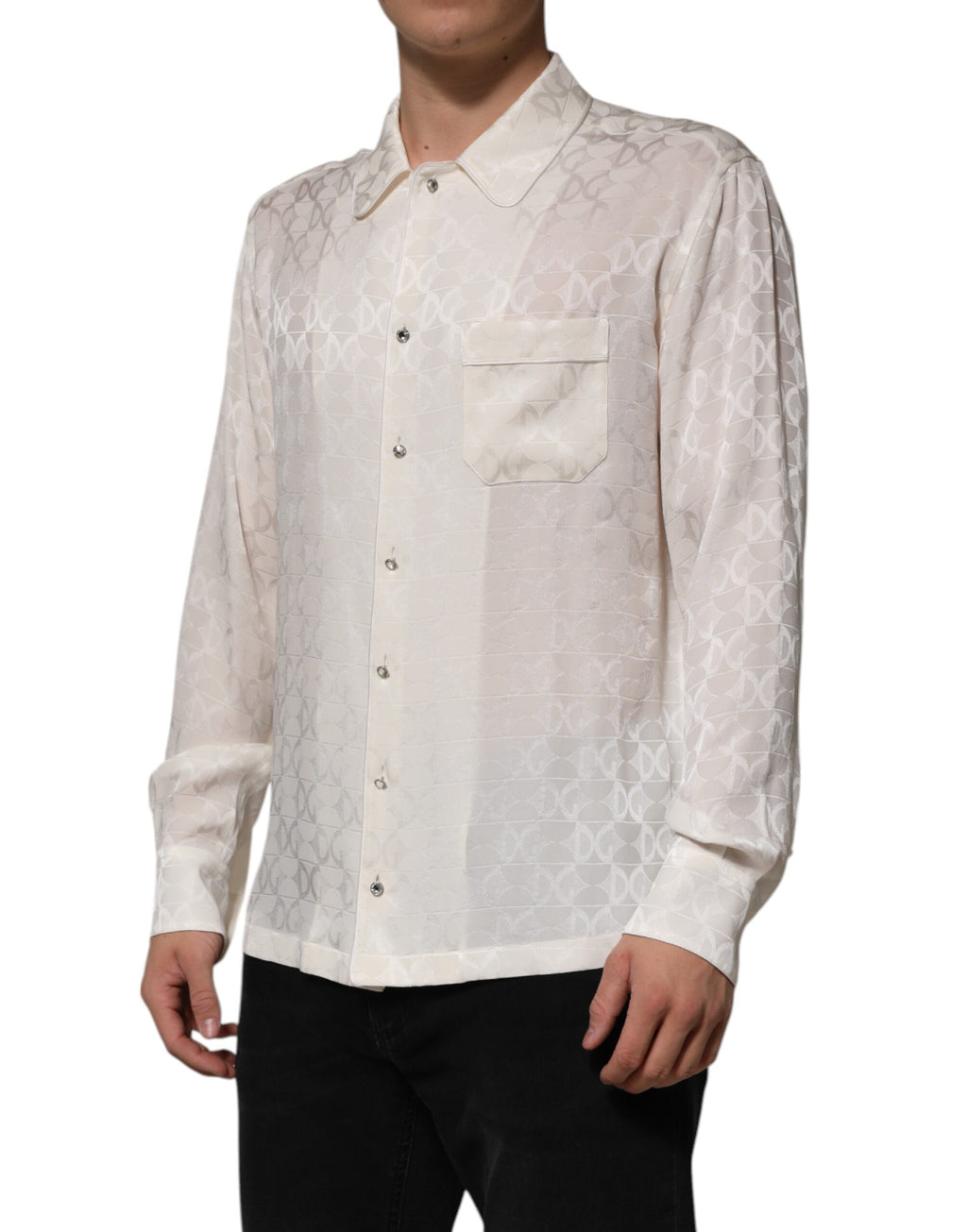 Dolce & Gabbana White Silk Shirt with DG Logo Print and Long Sleeves