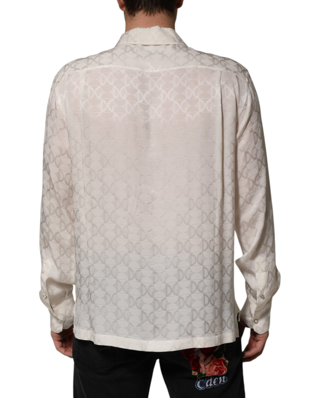 Dolce & Gabbana White Silk Shirt with DG Logo Print and Long Sleeves