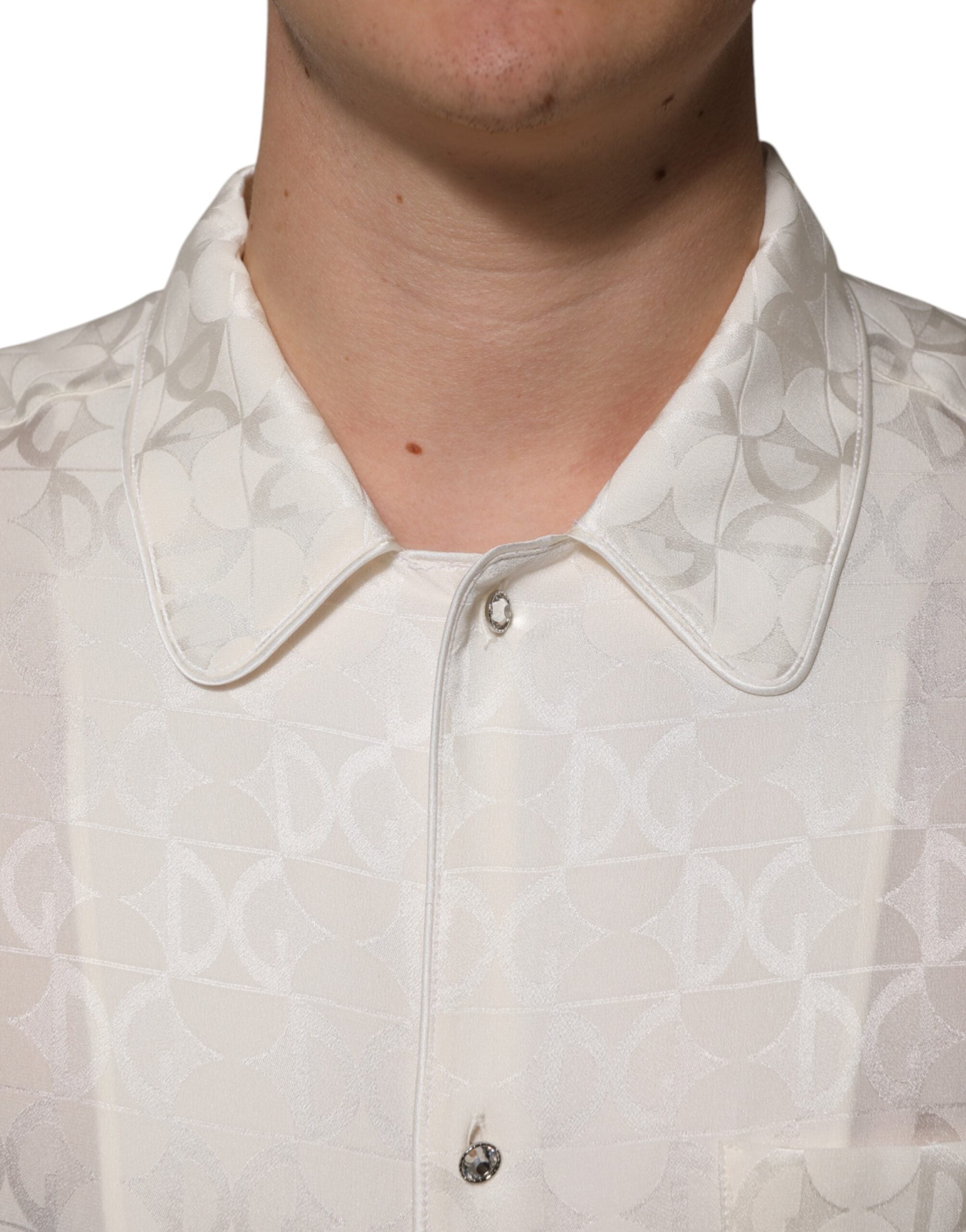 Dolce & Gabbana White Silk Shirt with DG Logo Print and Long Sleeves