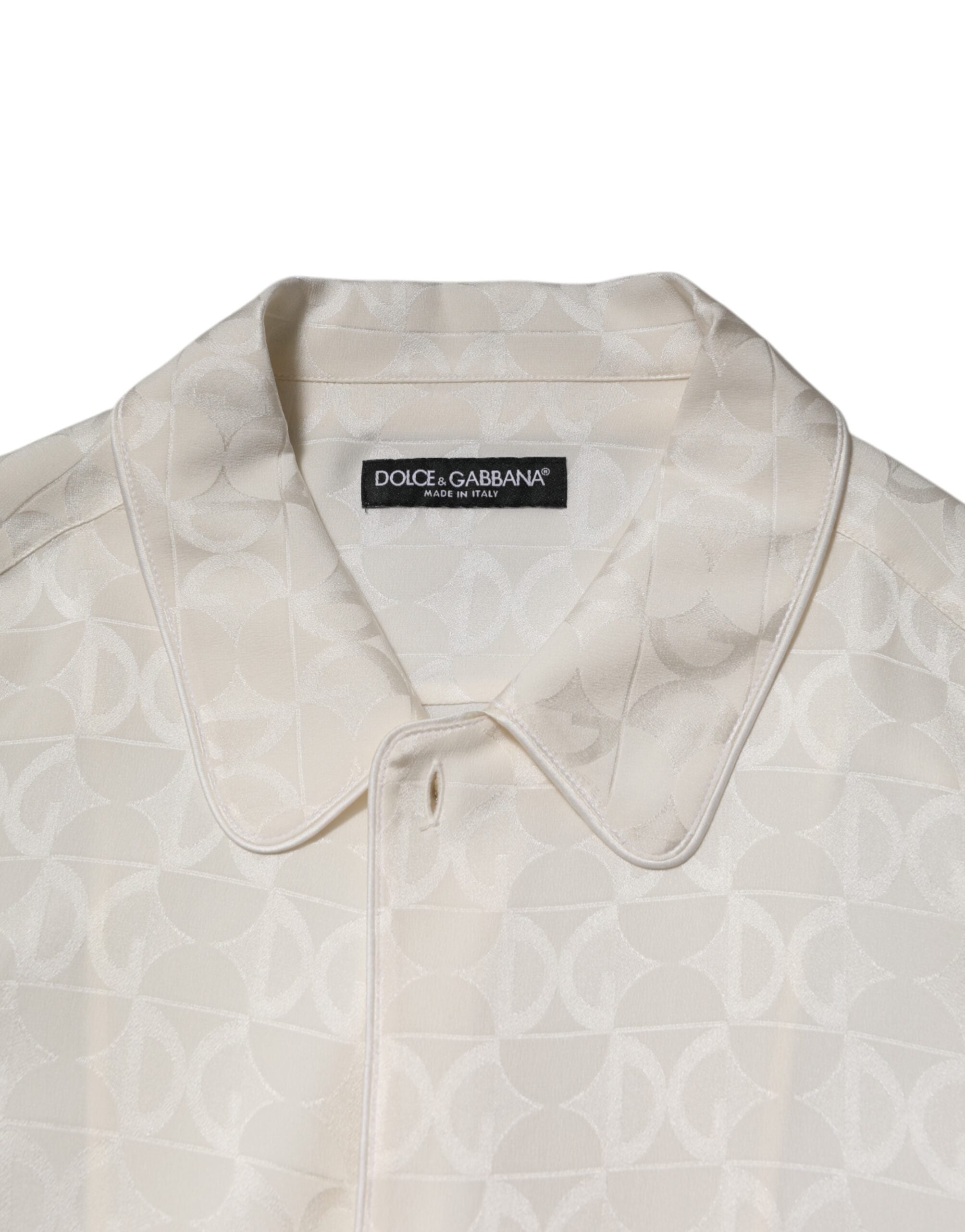 Dolce & Gabbana White Silk Shirt with DG Logo Print and Long Sleeves