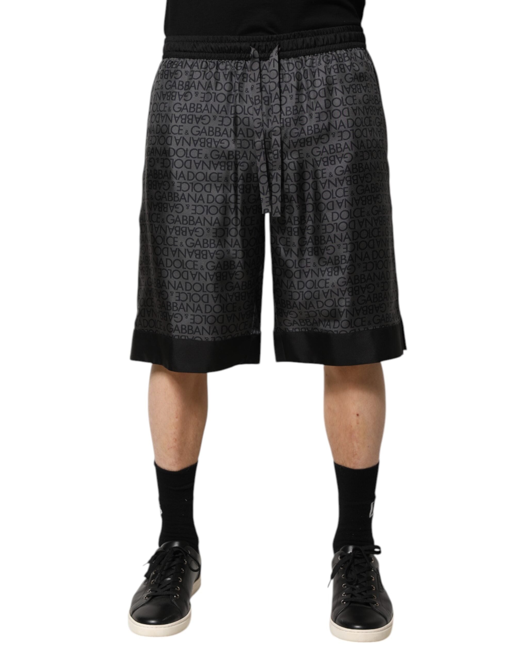Dolce & Gabbana Grey Black Silk DG Logo Men's Bermuda Shorts