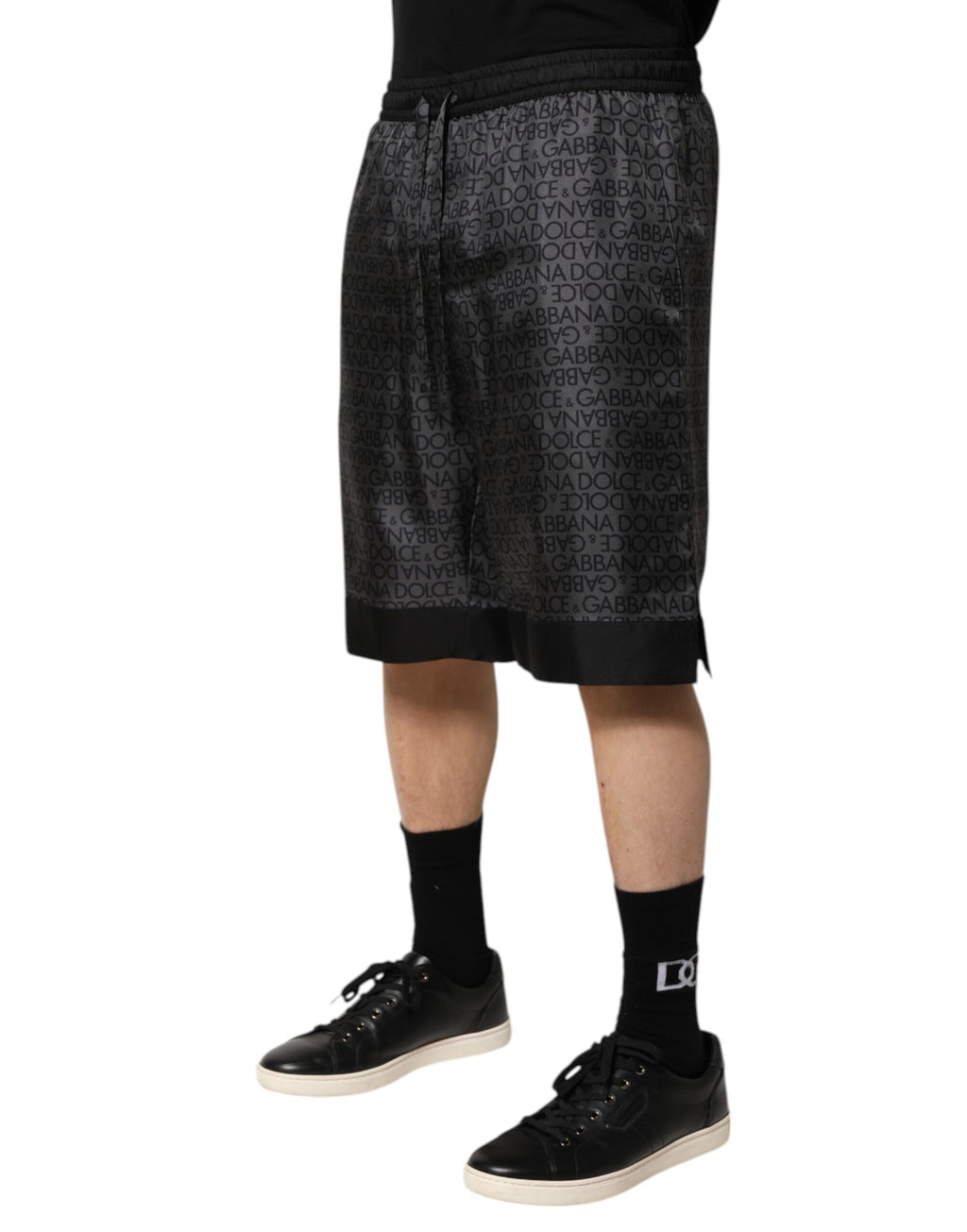 Dolce & Gabbana Grey Black Silk DG Logo Men's Bermuda Shorts