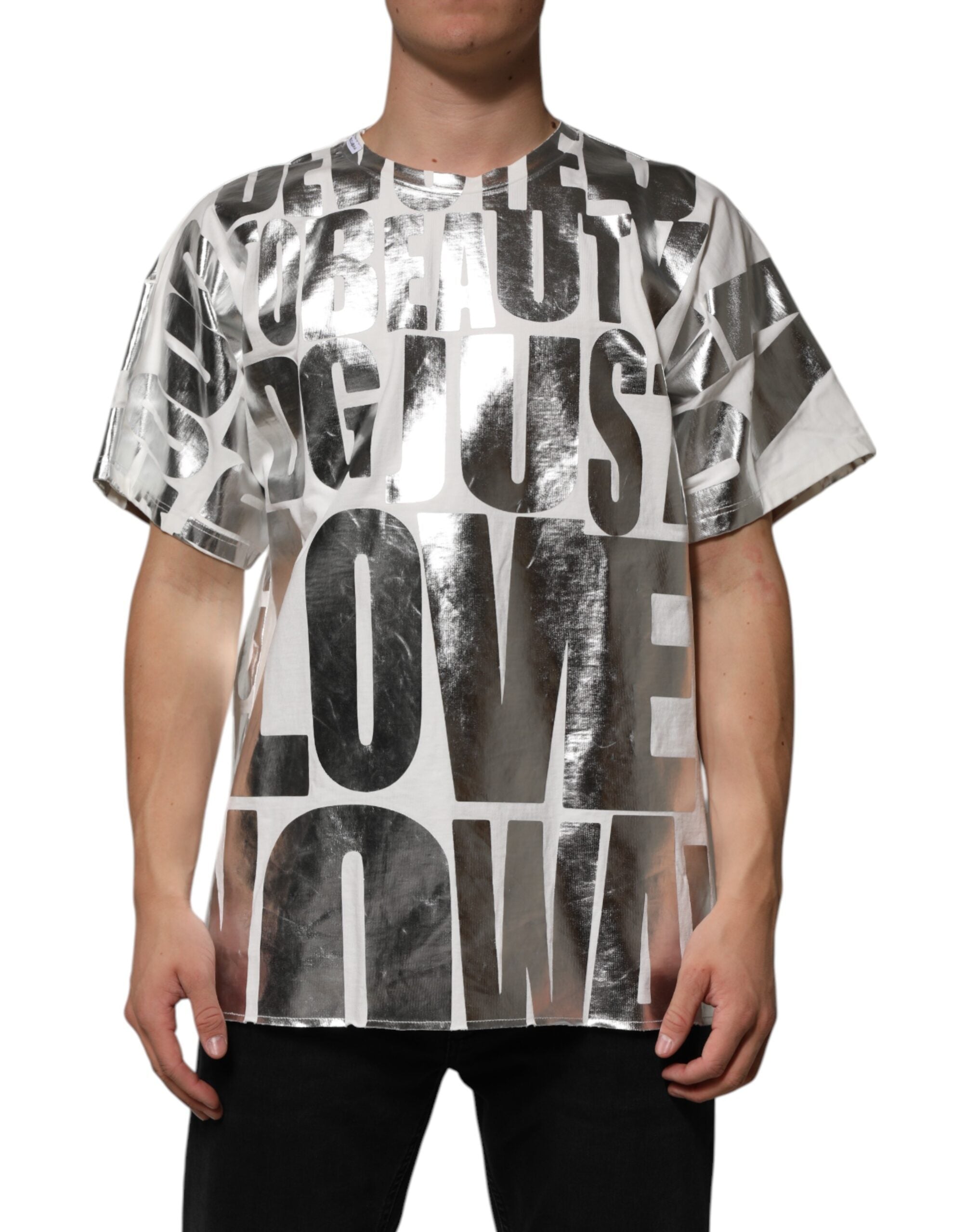 Dolce & Gabbana Weißes Baumwoll-T-Shirt mit silbernem Metallic-Slogan-Aufdruck