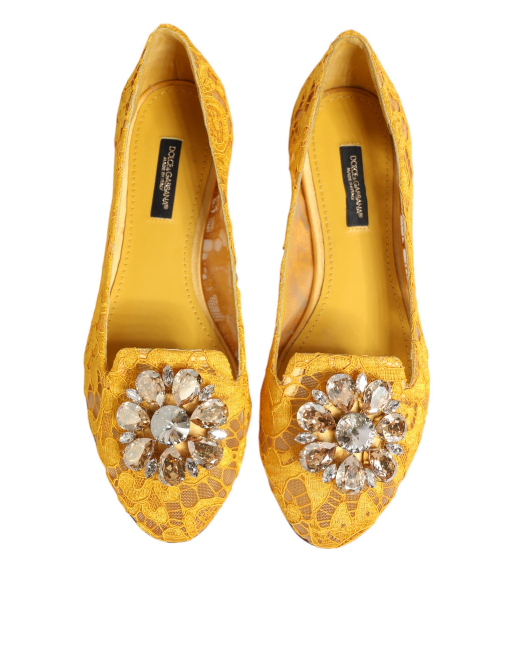 Dolce & Gabbana Yellow Taormina Lace Crystal Flats Shoes