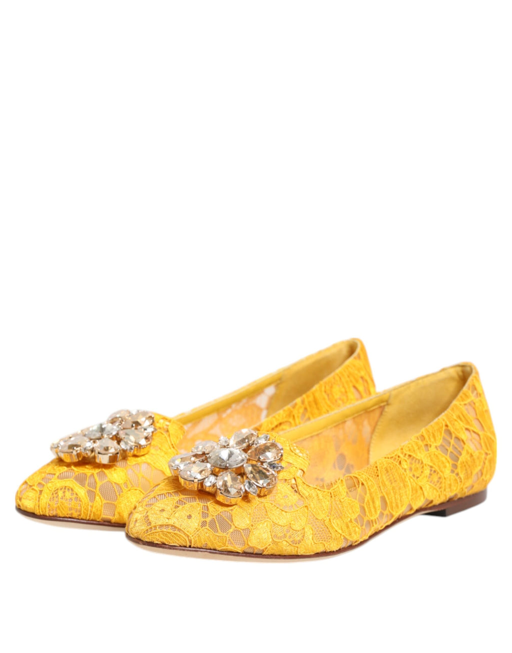 Dolce & Gabbana Yellow Taormina Lace Crystal Flats Shoes