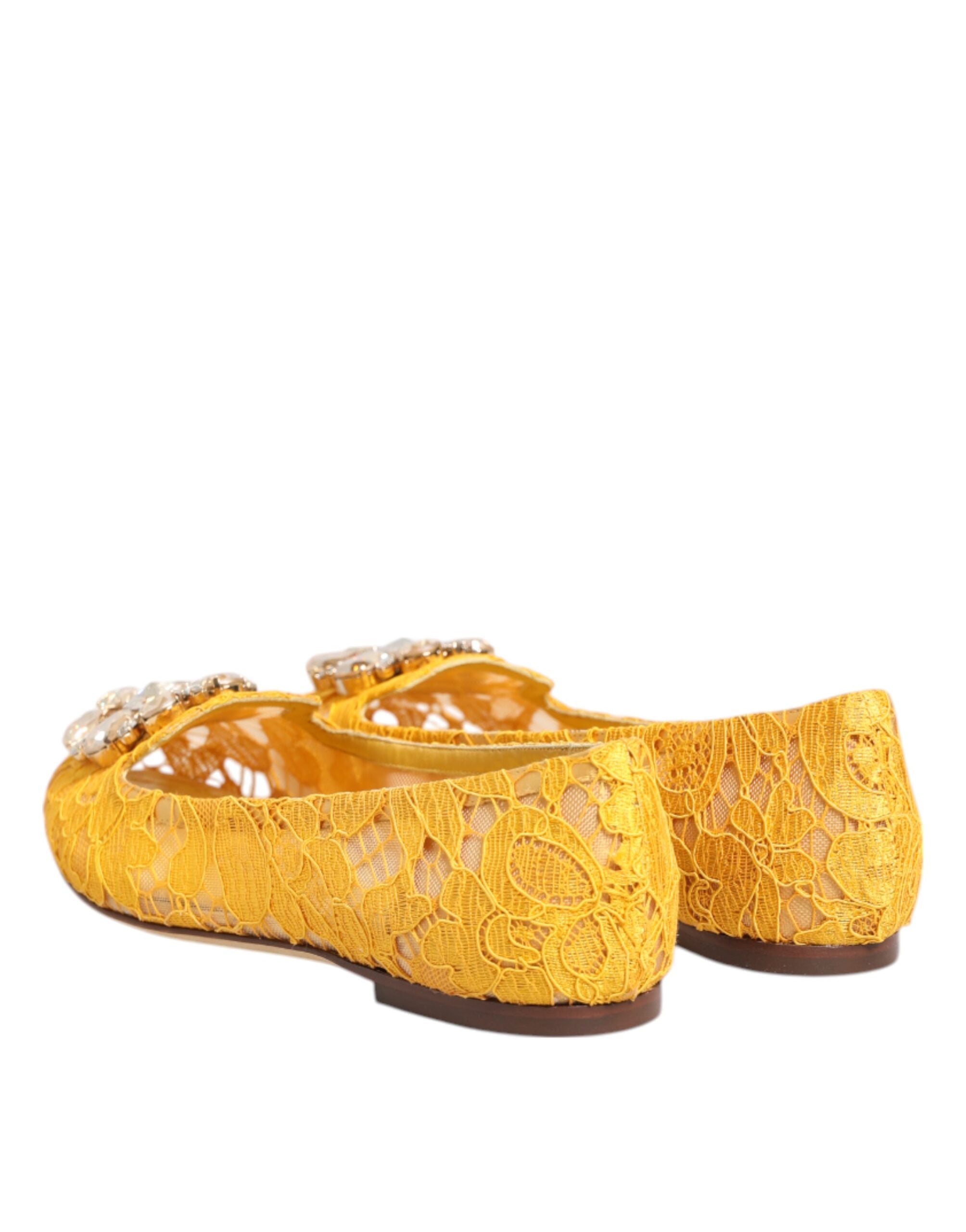 Dolce & Gabbana Yellow Taormina Lace Crystal Flats Shoes