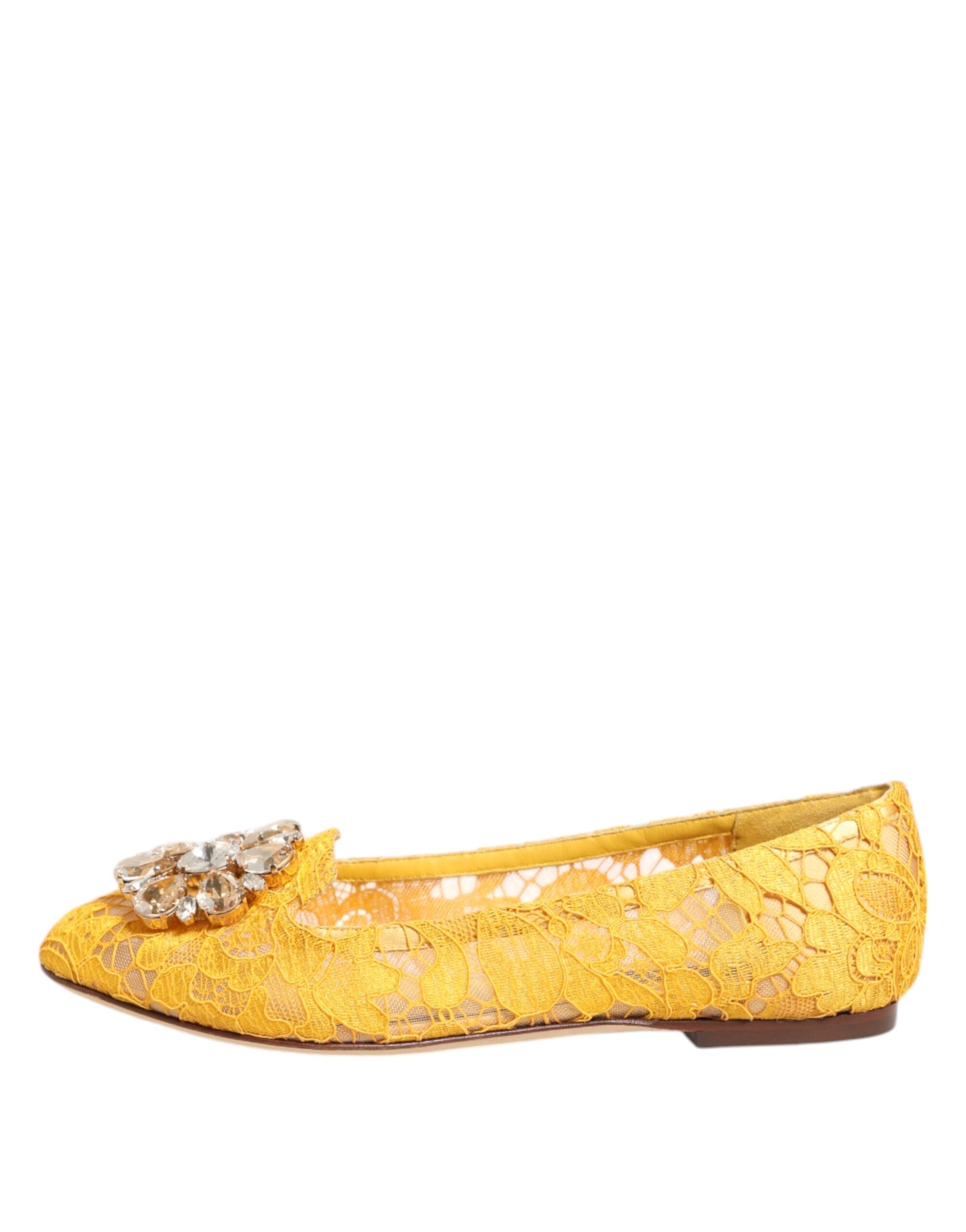 Dolce & Gabbana Yellow Taormina Lace Crystal Flats Shoes