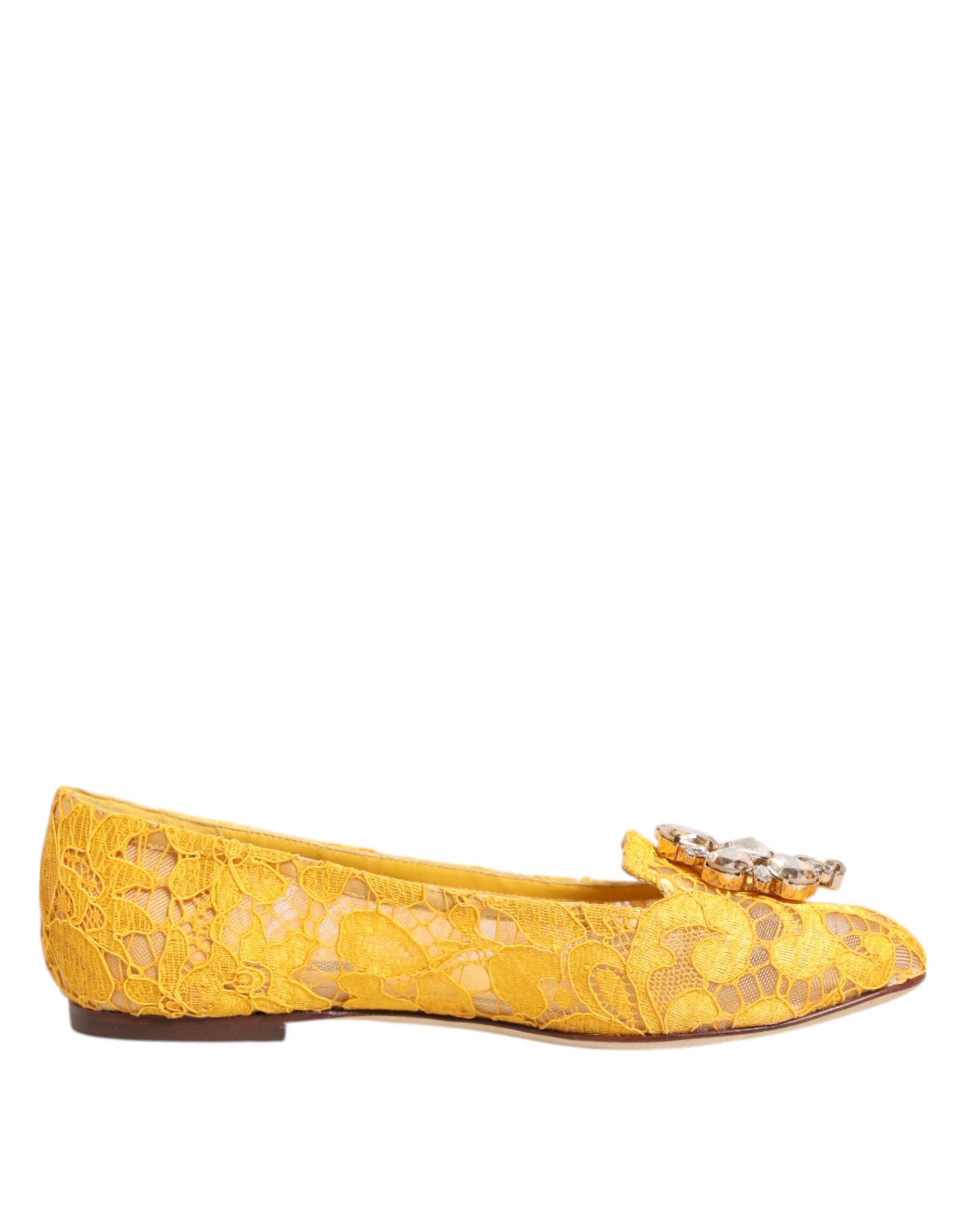 Dolce & Gabbana Yellow Taormina Lace Crystal Flats Shoes