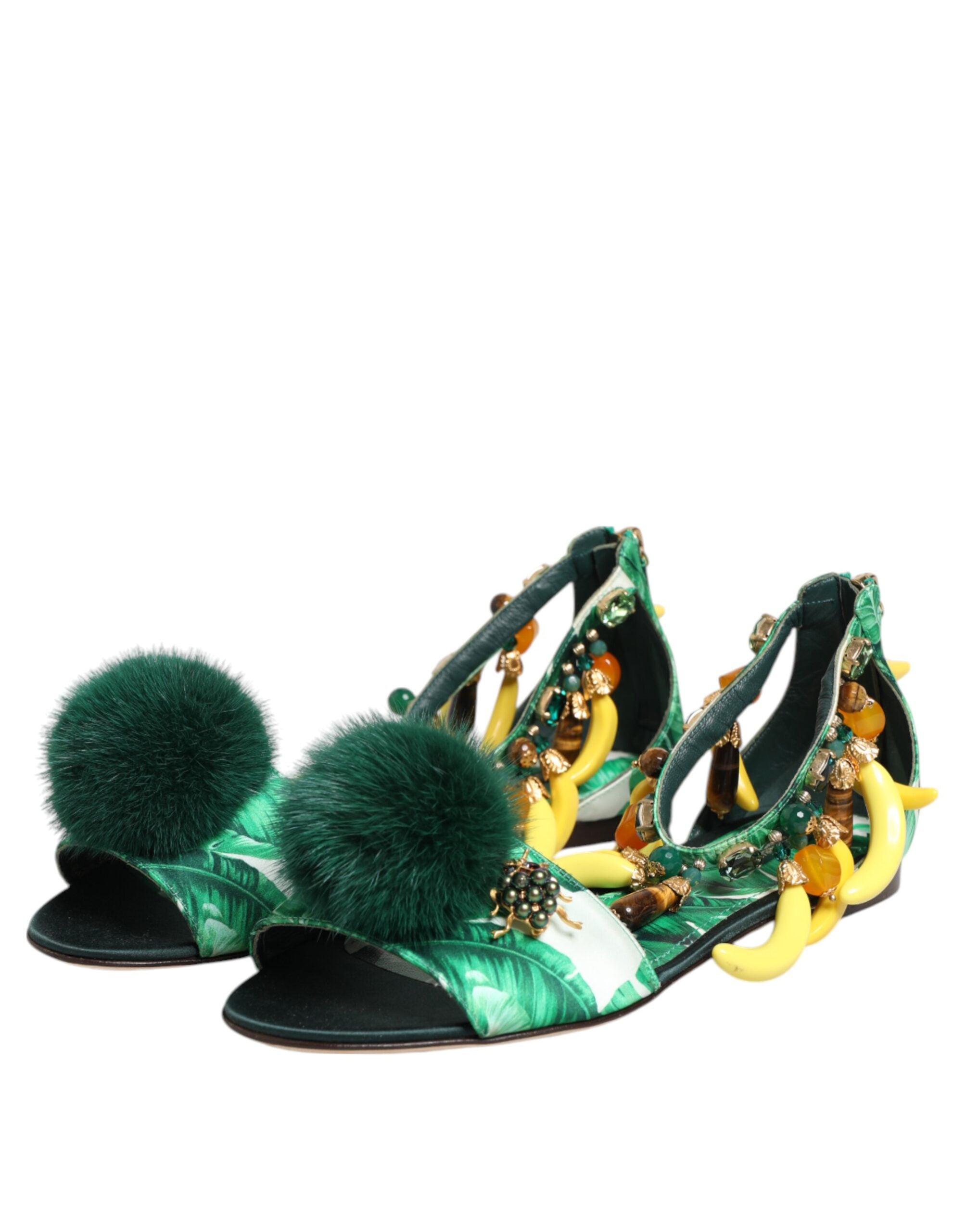 Dolce & Gabbana Grün Nerz Pelz Satin Bananenblatt Sandalen Schuhe