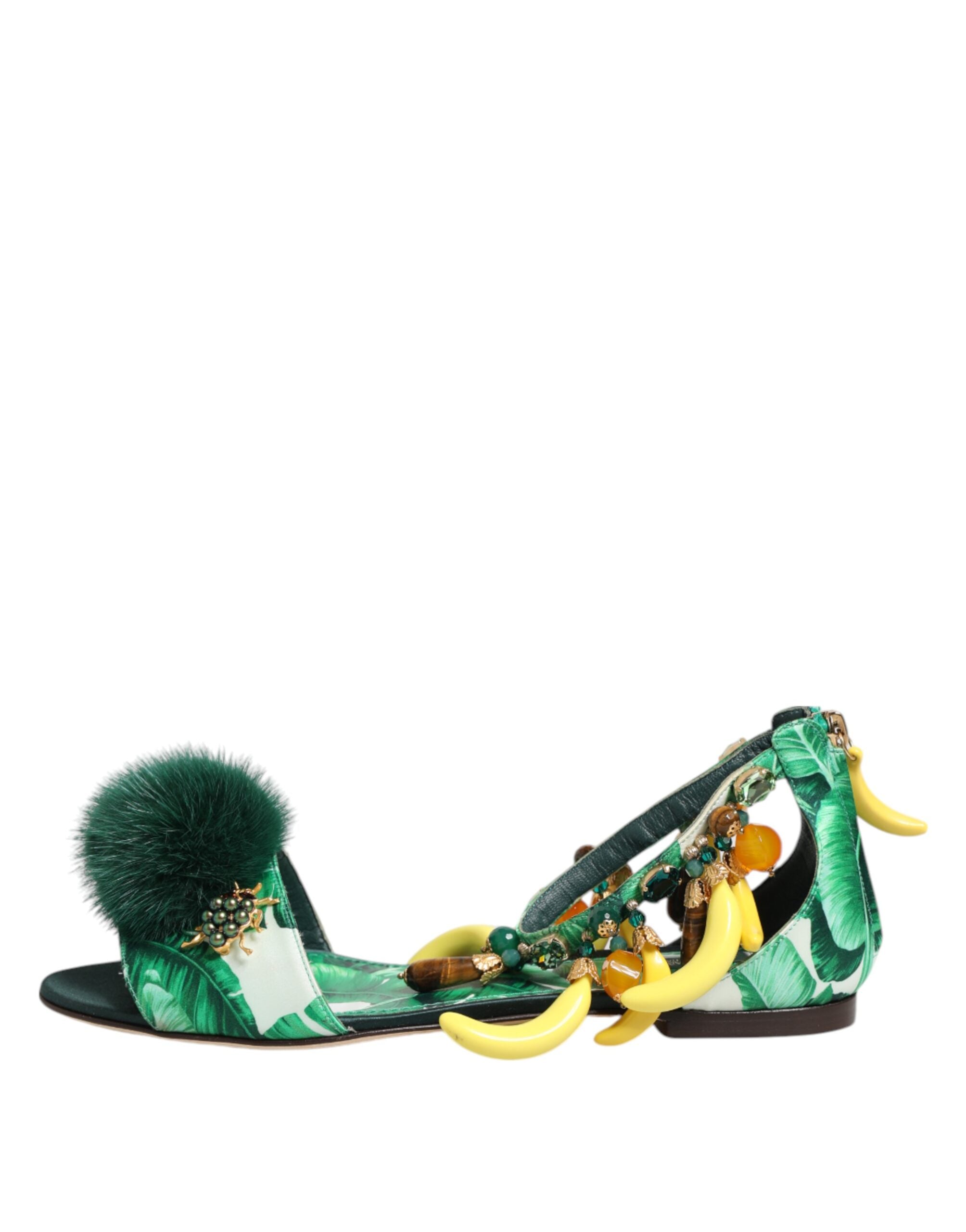 Dolce & Gabbana Grün Nerz Pelz Satin Bananenblatt Sandalen Schuhe