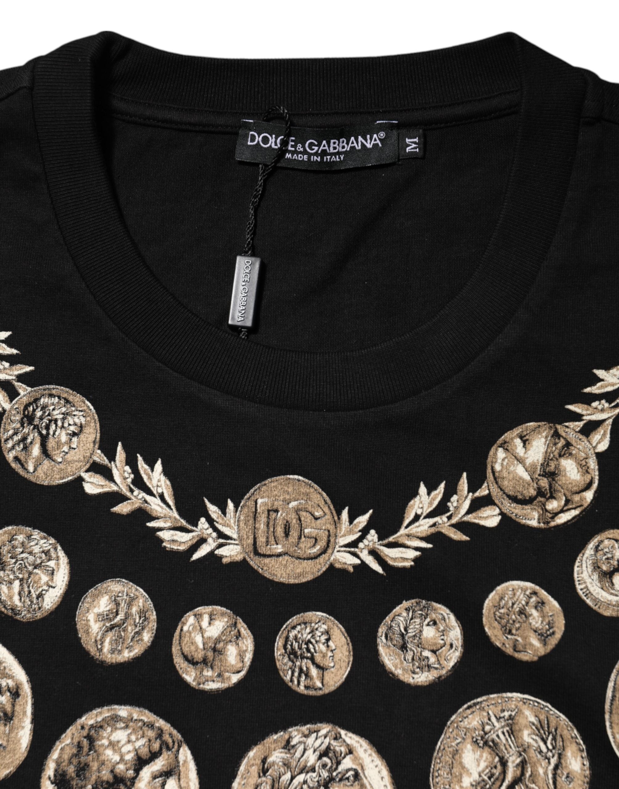 Dolce & Gabbana Schwarzes T-Shirt mit Rundhalsausschnitt aus Baumwolle mit Münzdruck